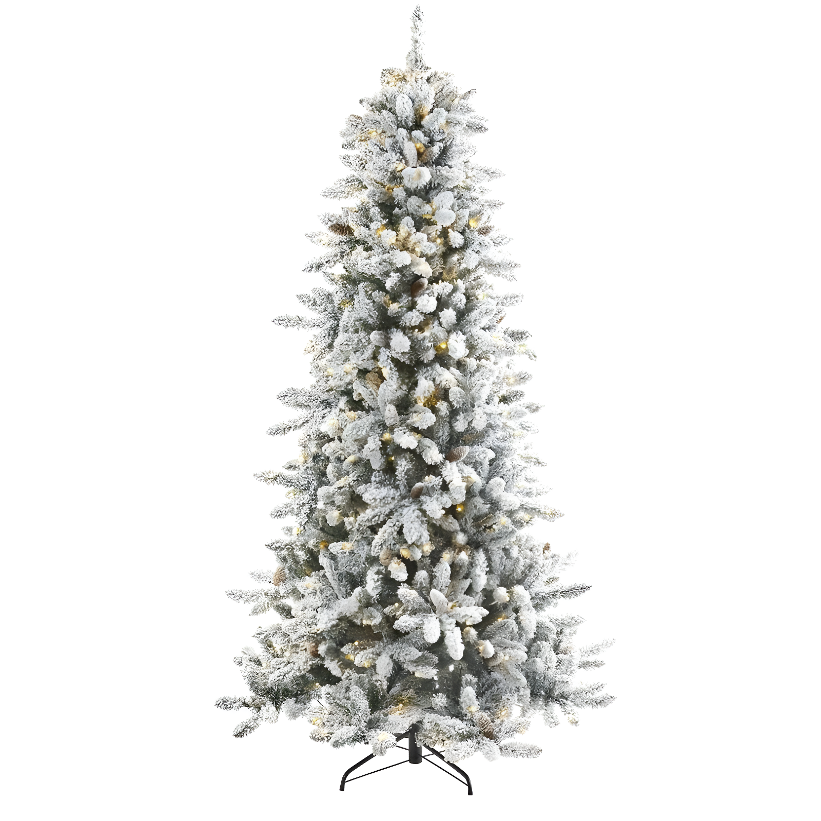 Nearly Natural 7.5' Pre-Lit LED Flocked Slim Livingston Fir with Pinecones, Electric Powered