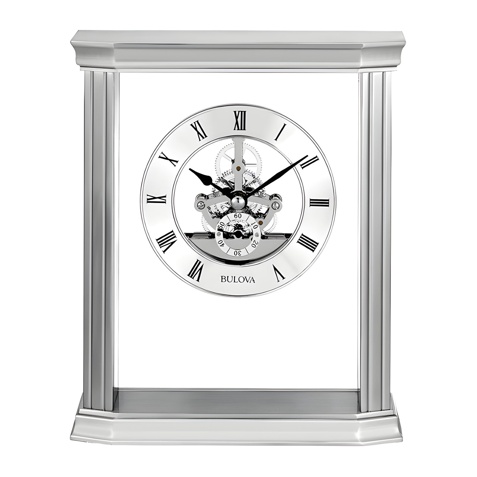 Bulova Roman Numeral Stainless Steel Quartz Movement / Crystal Tabletop Clock with Alarm in Silver