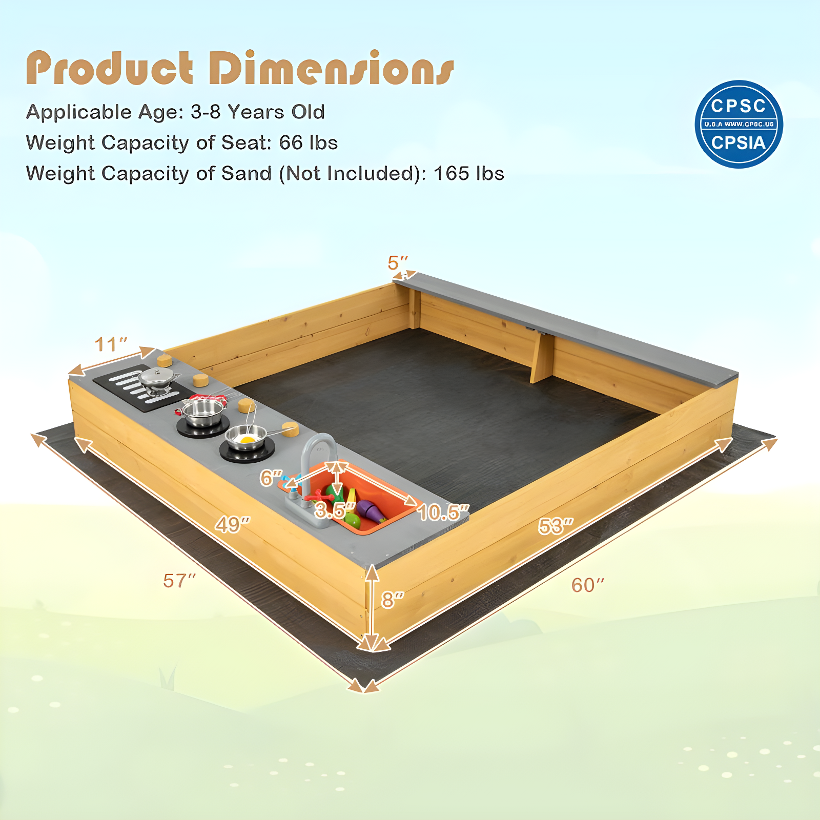 Costway Kids Sandbox Outdoor Wooden Sandpit w/ Bottom Liner Creative Cooking Area