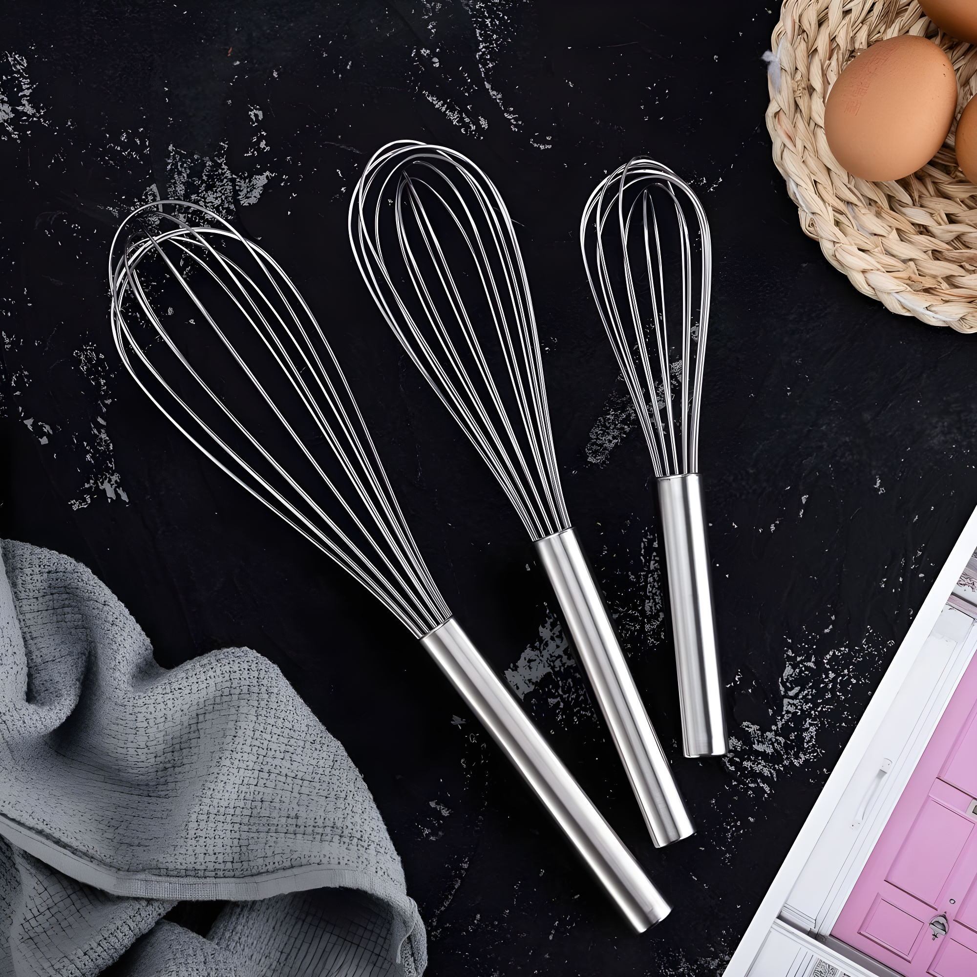3Pcs Stainless Steel Whisks 8"+10"+12" Kitchen Whisk Set Kitchen Utensils Wire Whisk Balloon Whisk Set for Blending Whisking Beating and Stirring