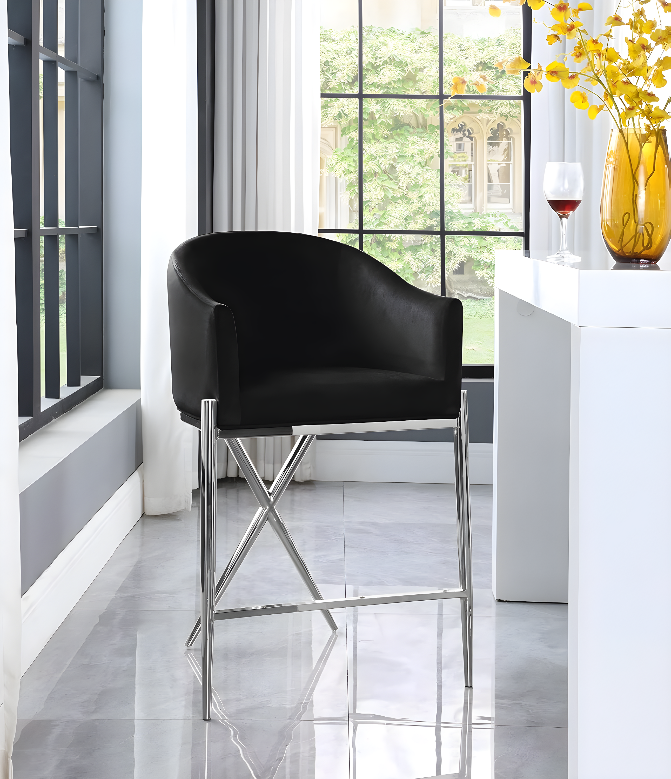Meridian Furniture Xavier Black Velvet Counter Stool with Chrome Metal Legs
