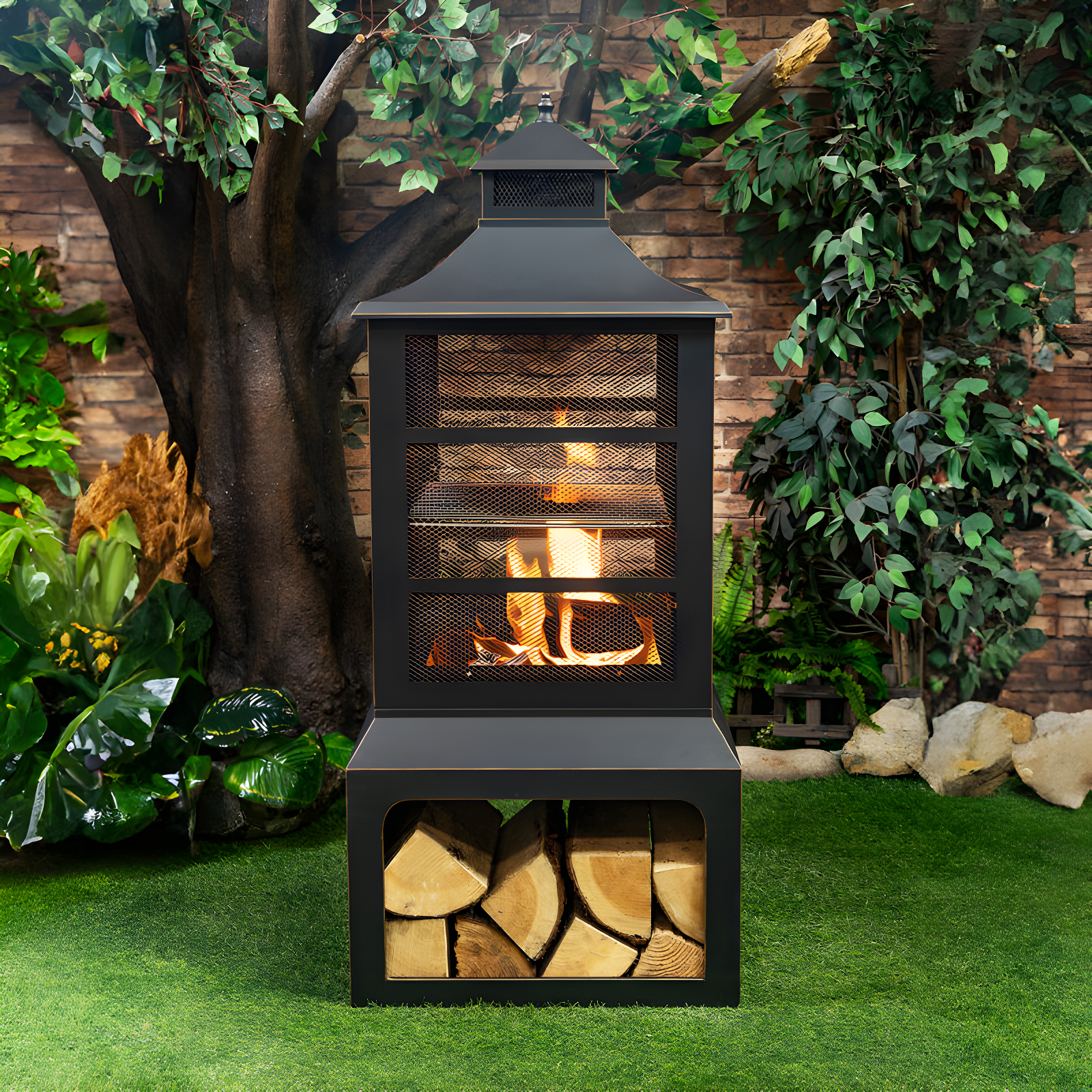 Deko Living Deko Living 26" Square Outdoor Steel Wood Burning Fireplace with Cast Iron Cooking Grill, Log Storage and Poker