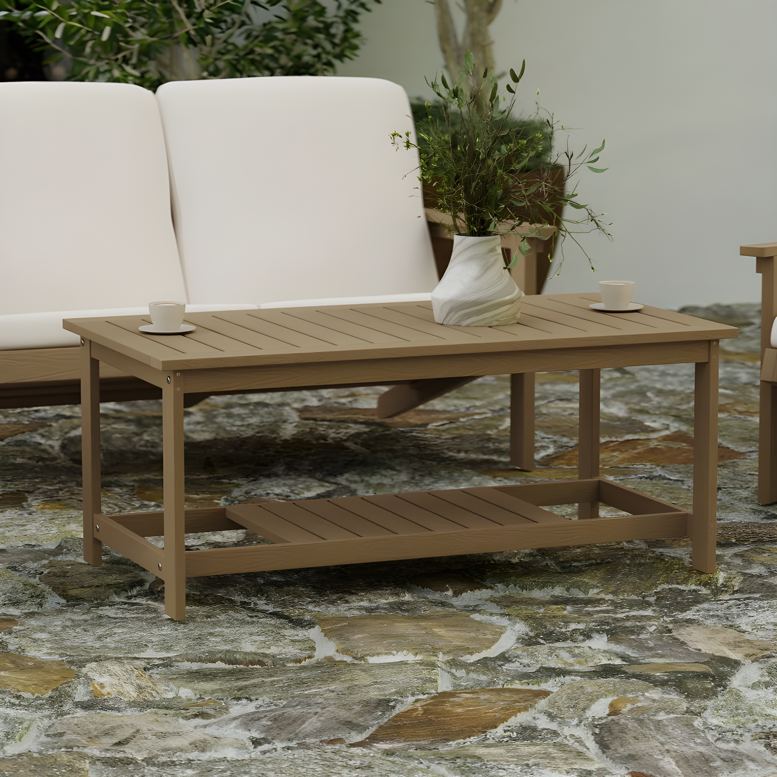 Merrick Lane All-Weather Poly Resin Wood Two Tiered Adirondack Slatted Coffee Conversation Table in Natural Cedar