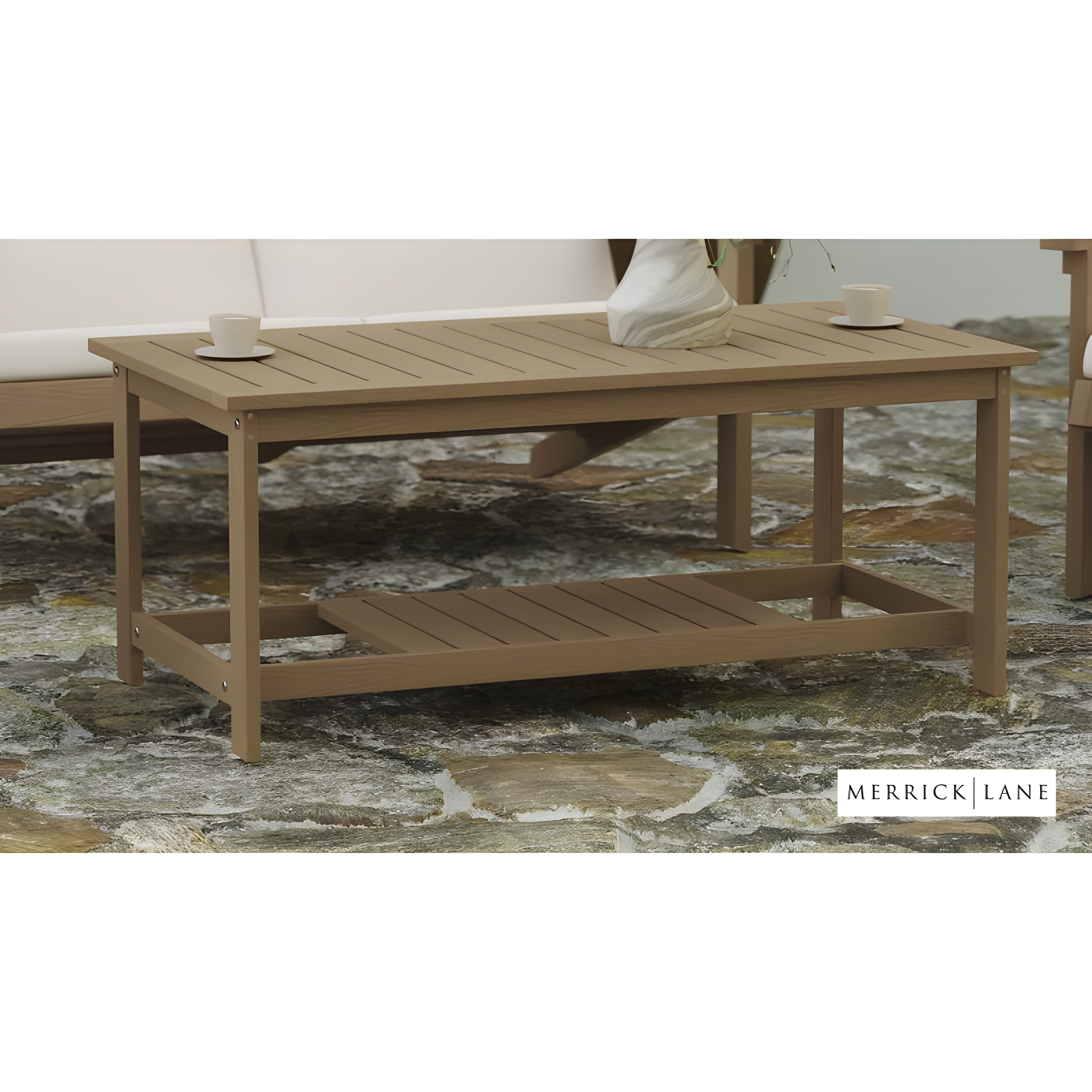 Merrick Lane All-Weather Poly Resin Wood Two Tiered Adirondack Slatted Coffee Conversation Table in Natural Cedar