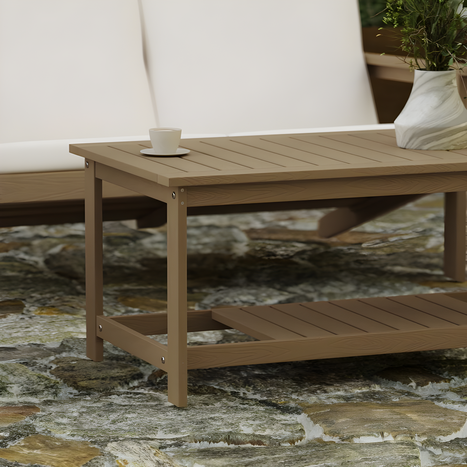 Merrick Lane All-Weather Poly Resin Wood Two Tiered Adirondack Slatted Coffee Conversation Table in Natural Cedar