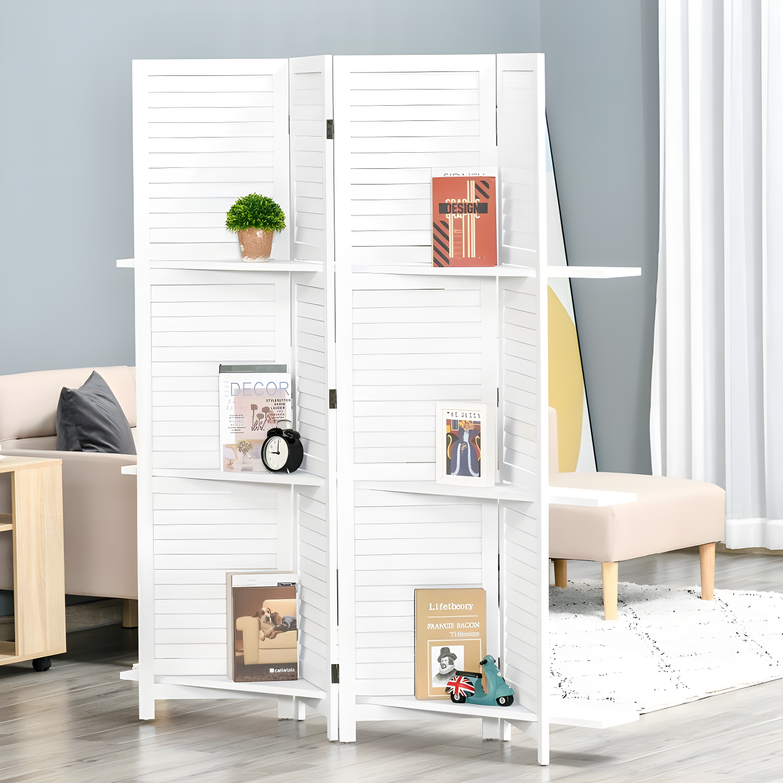 HOMCOM 4 Panel 67" Tall Wood Privacy Screen Room Divider with 3 Display Shelves, and Folding Storage for Bedroom or Home Office, White