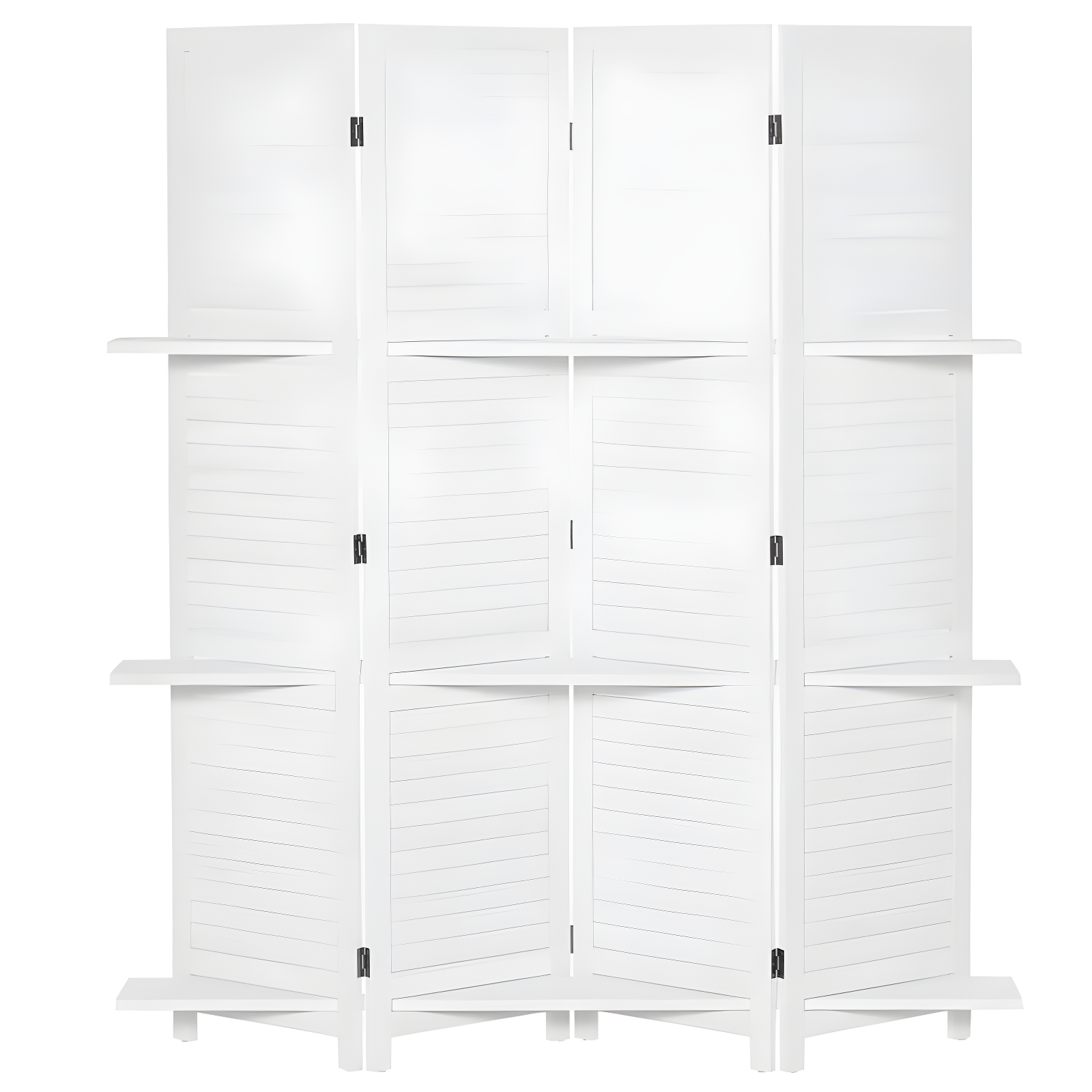 HOMCOM 4 Panel 67" Tall Wood Privacy Screen Room Divider with 3 Display Shelves, and Folding Storage for Bedroom or Home Office, White