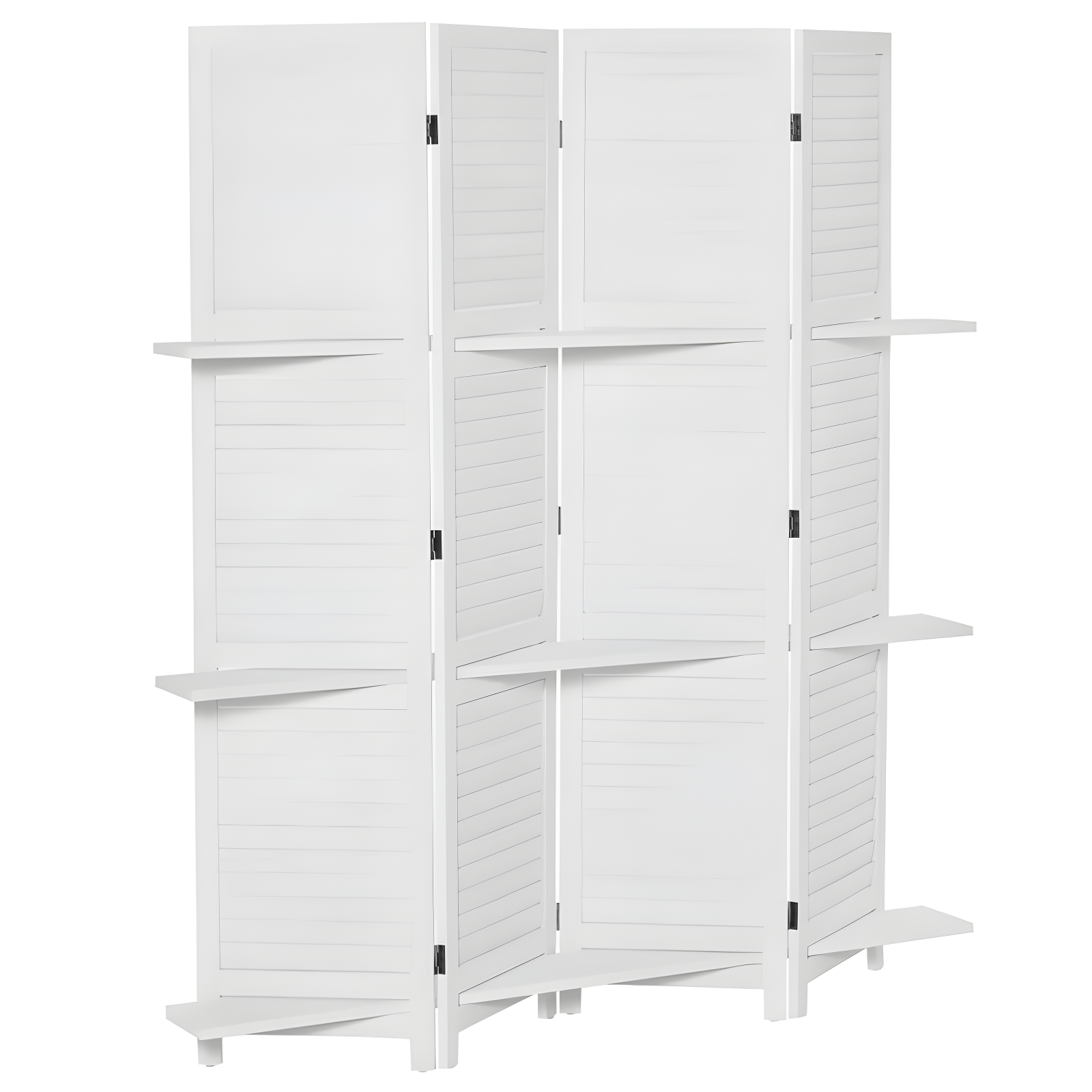 HOMCOM 4 Panel 67" Tall Wood Privacy Screen Room Divider with 3 Display Shelves, and Folding Storage for Bedroom or Home Office, White