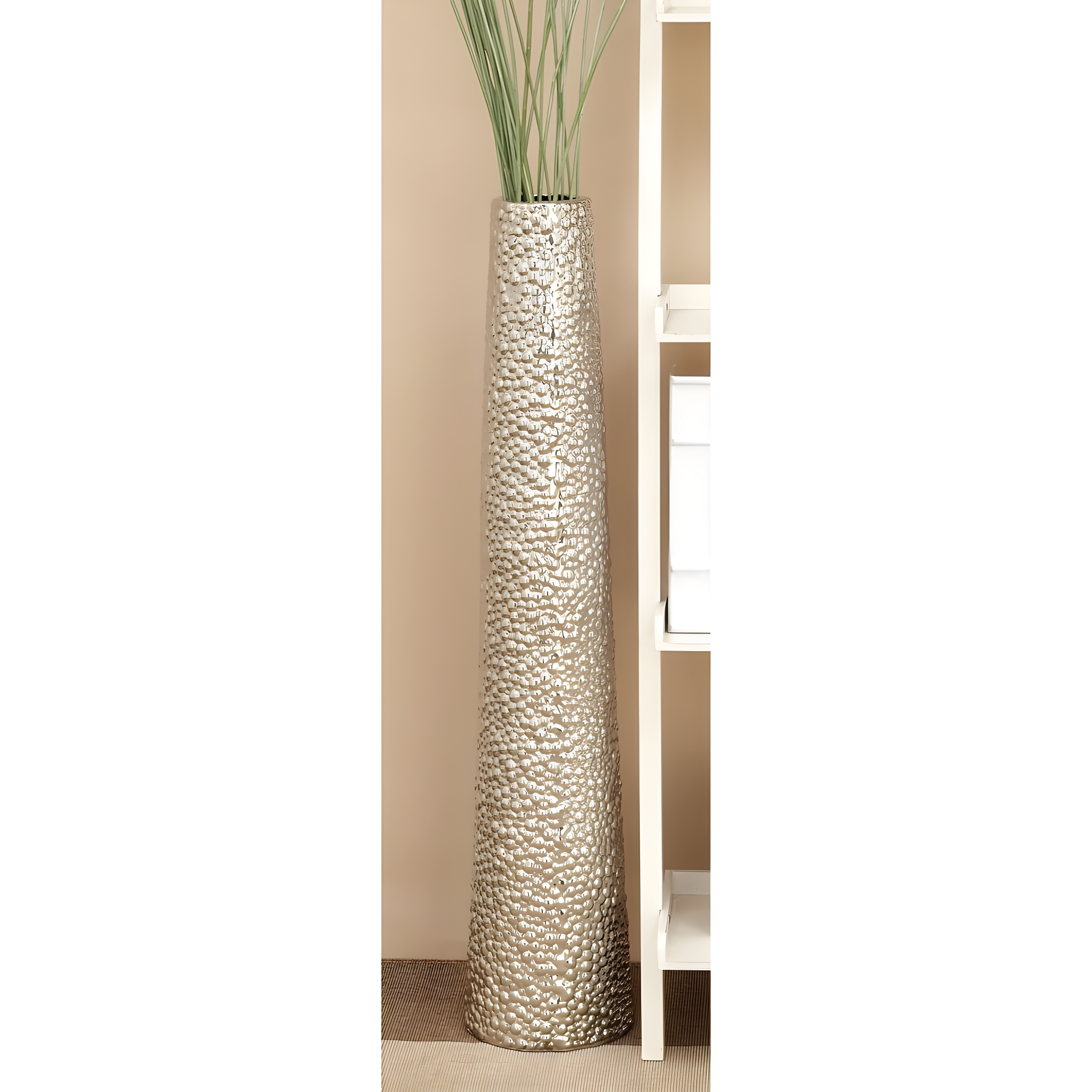 DecMode Glam Silver Round Large and Tall Cylindrical Floor Vase, Ceramic with Beaded Textured Pattern, 8'W x 50'H