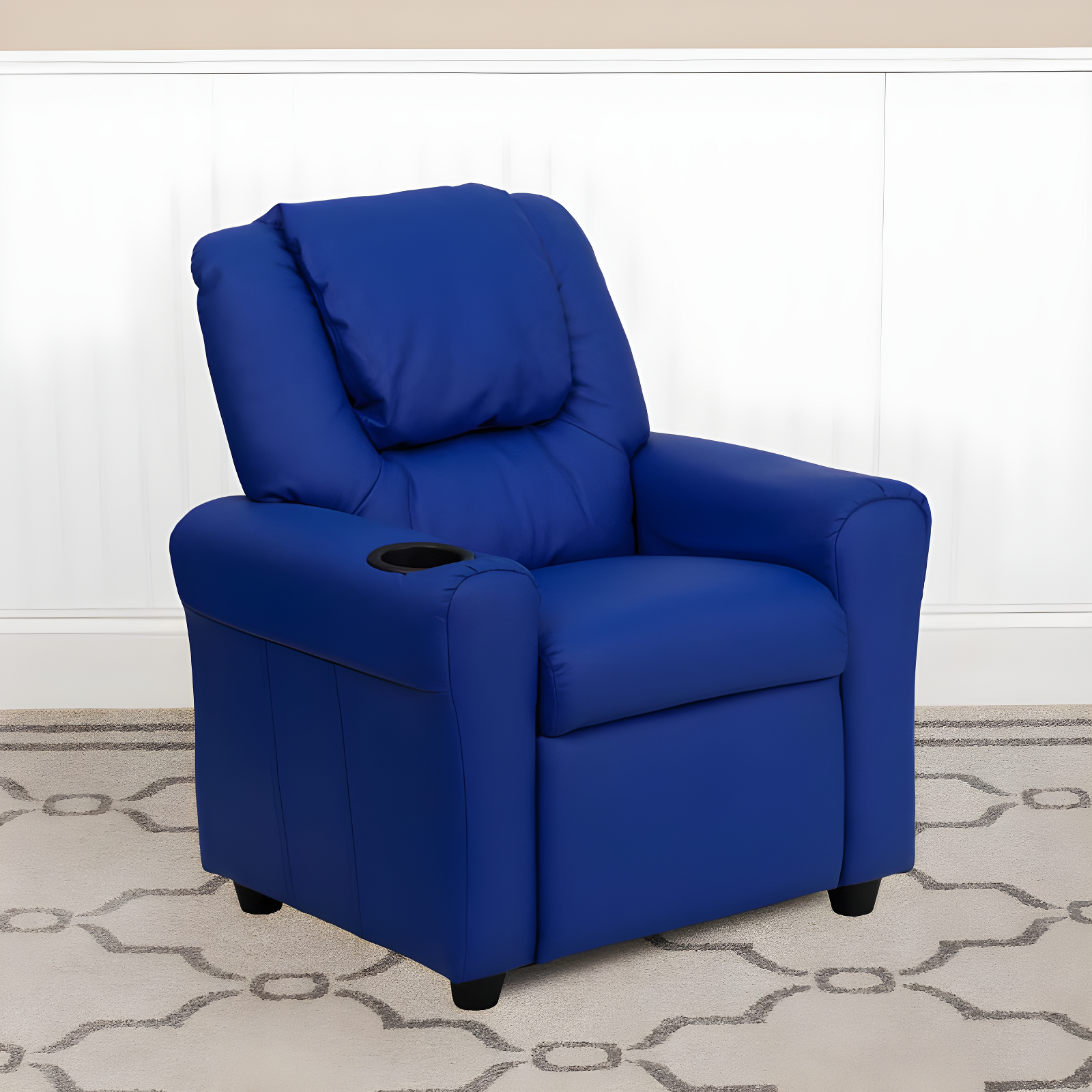 Emma and Oliver Blue Vinyl Kids Recliner with Cup Holder and Headrest