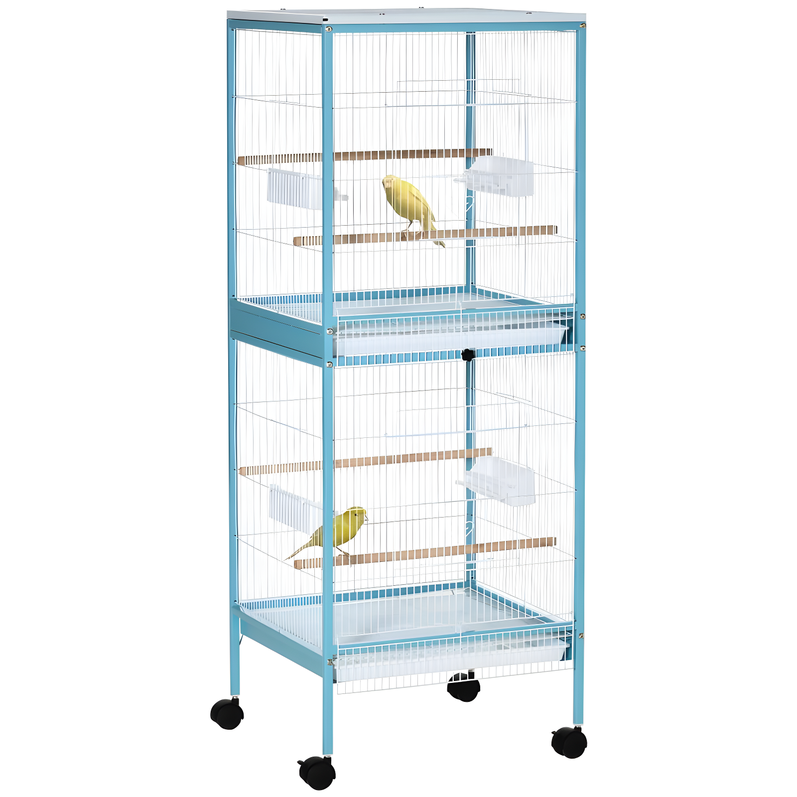 PawHut 55" 2 In 1 Bird Cage Aviary Parakeet House for finches, budgies with Wheels, Slide-out Trays, Wood Perch, Food Containers, Light Blue