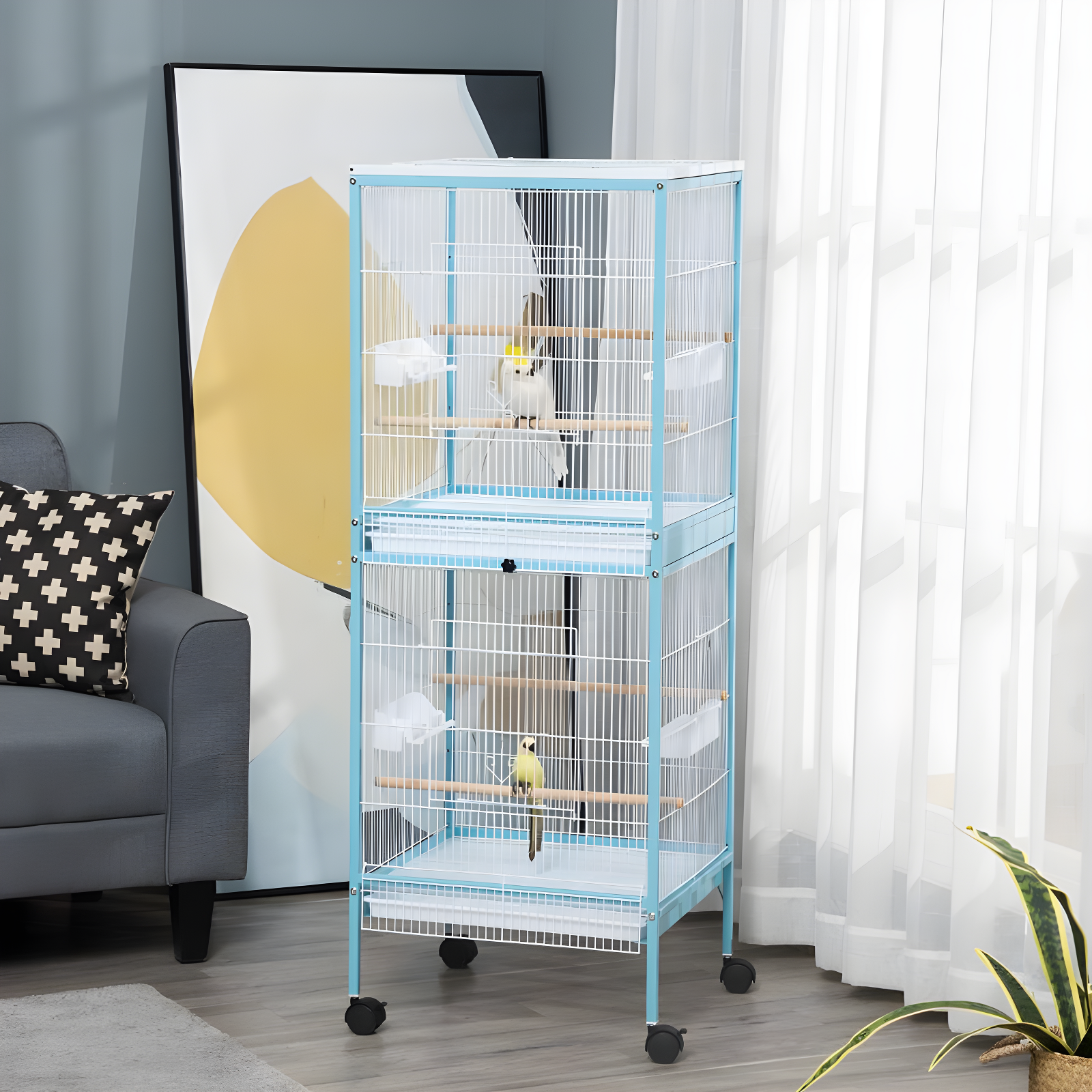 PawHut 55" 2 In 1 Bird Cage Aviary Parakeet House for finches, budgies with Wheels, Slide-out Trays, Wood Perch, Food Containers, Light Blue