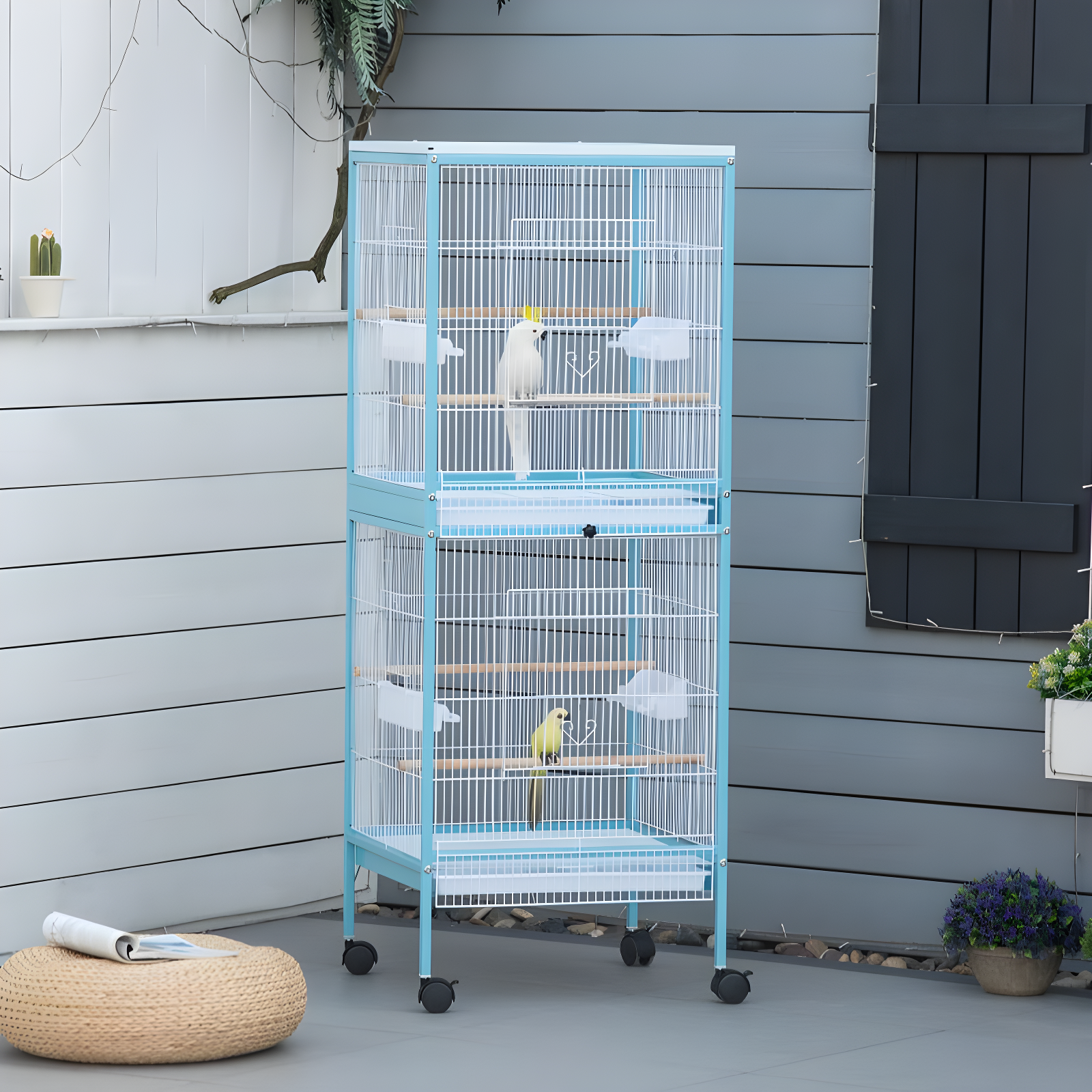 PawHut 55" 2 In 1 Bird Cage Aviary Parakeet House for finches, budgies with Wheels, Slide-out Trays, Wood Perch, Food Containers, Light Blue