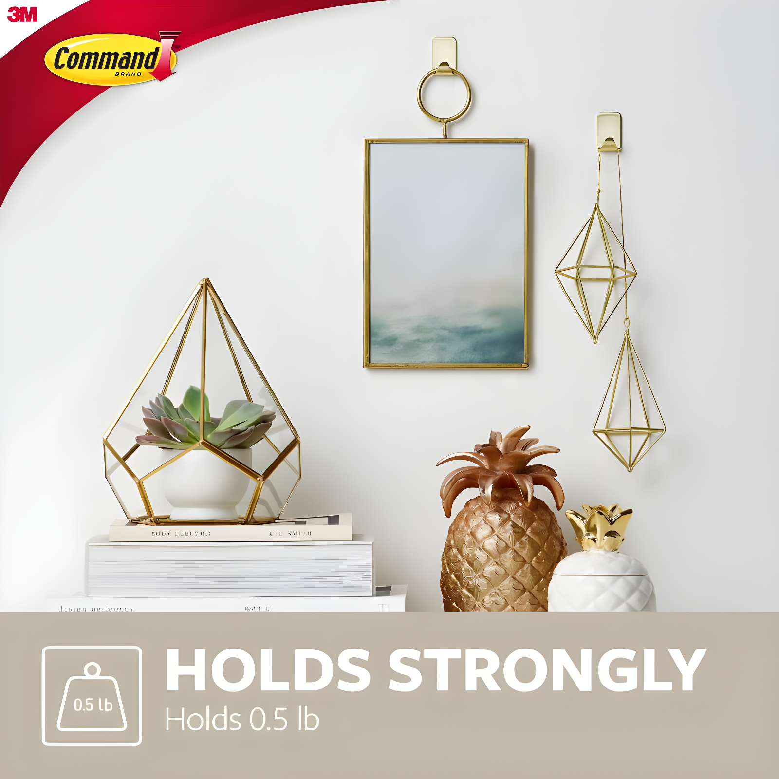 Command Small Sized Metallic Decorative Hooks Brass: Gold Wall Hooks, 0.5 lb Capacity, 4 Pack
