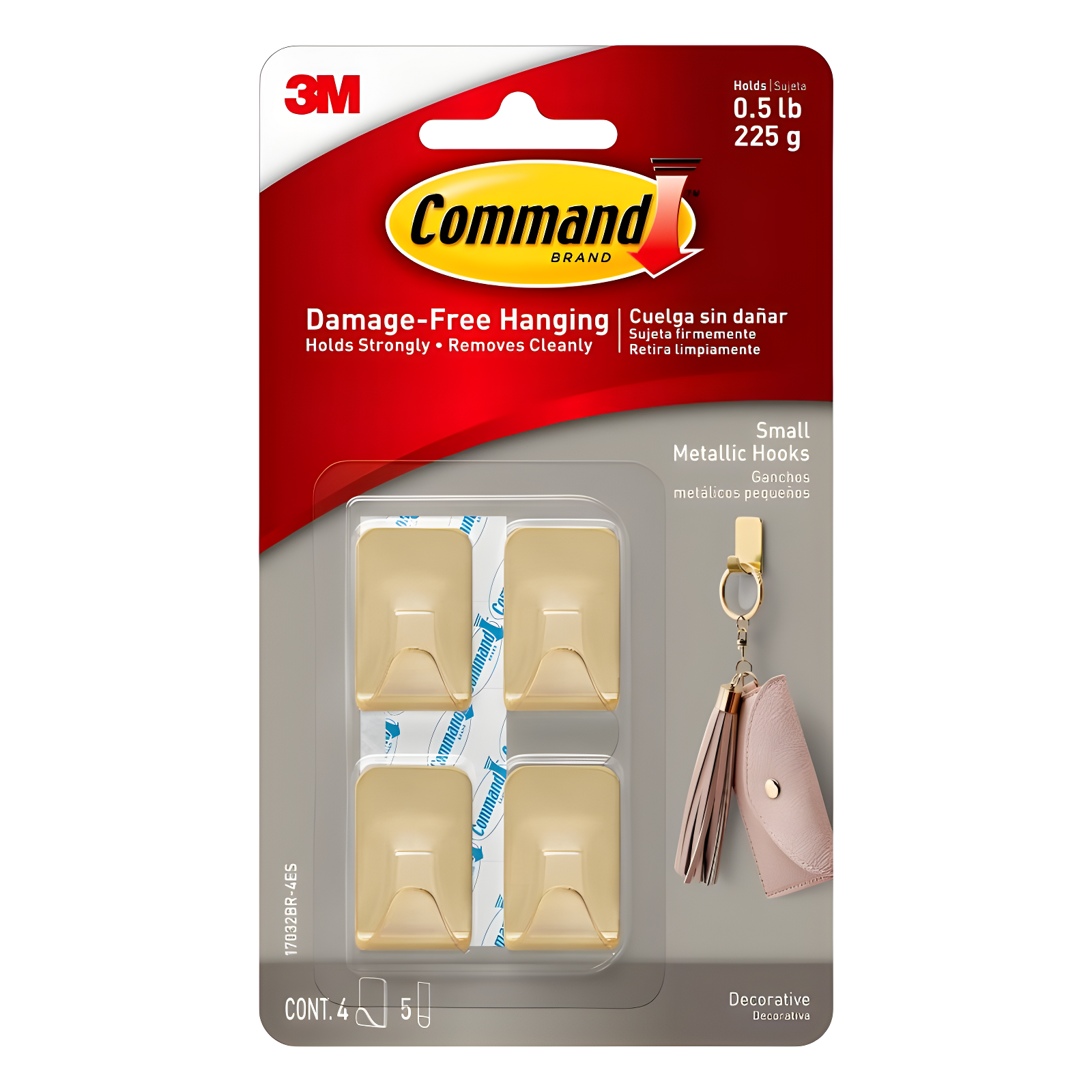 Command Small Sized Metallic Decorative Hooks Brass: Gold Wall Hooks, 0.5 lb Capacity, 4 Pack