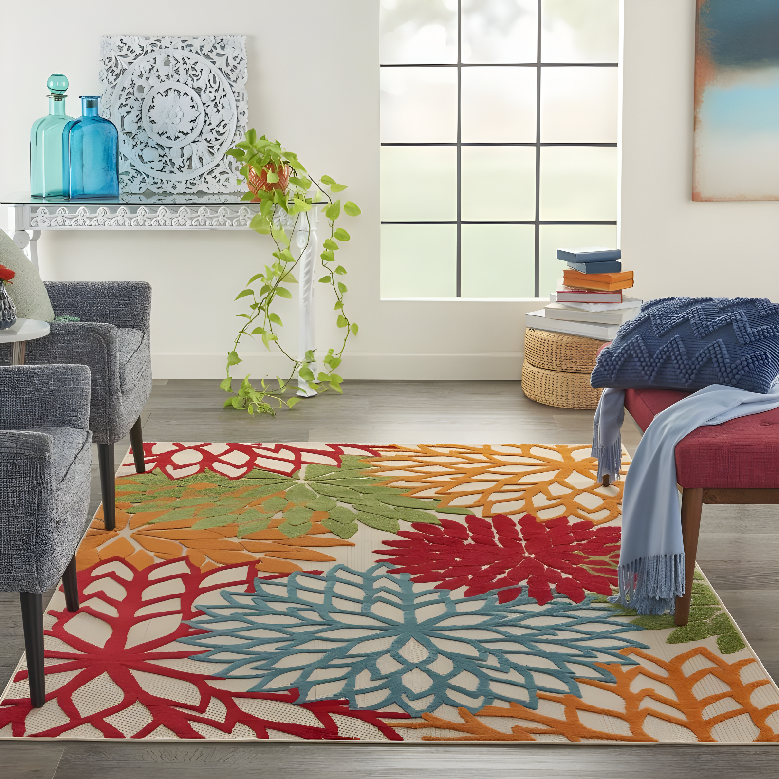 Nourison Aloha Floral Bloom Flatweave High-Low Indoor Outdoor Area Rug Green 3'6" x 5'6"