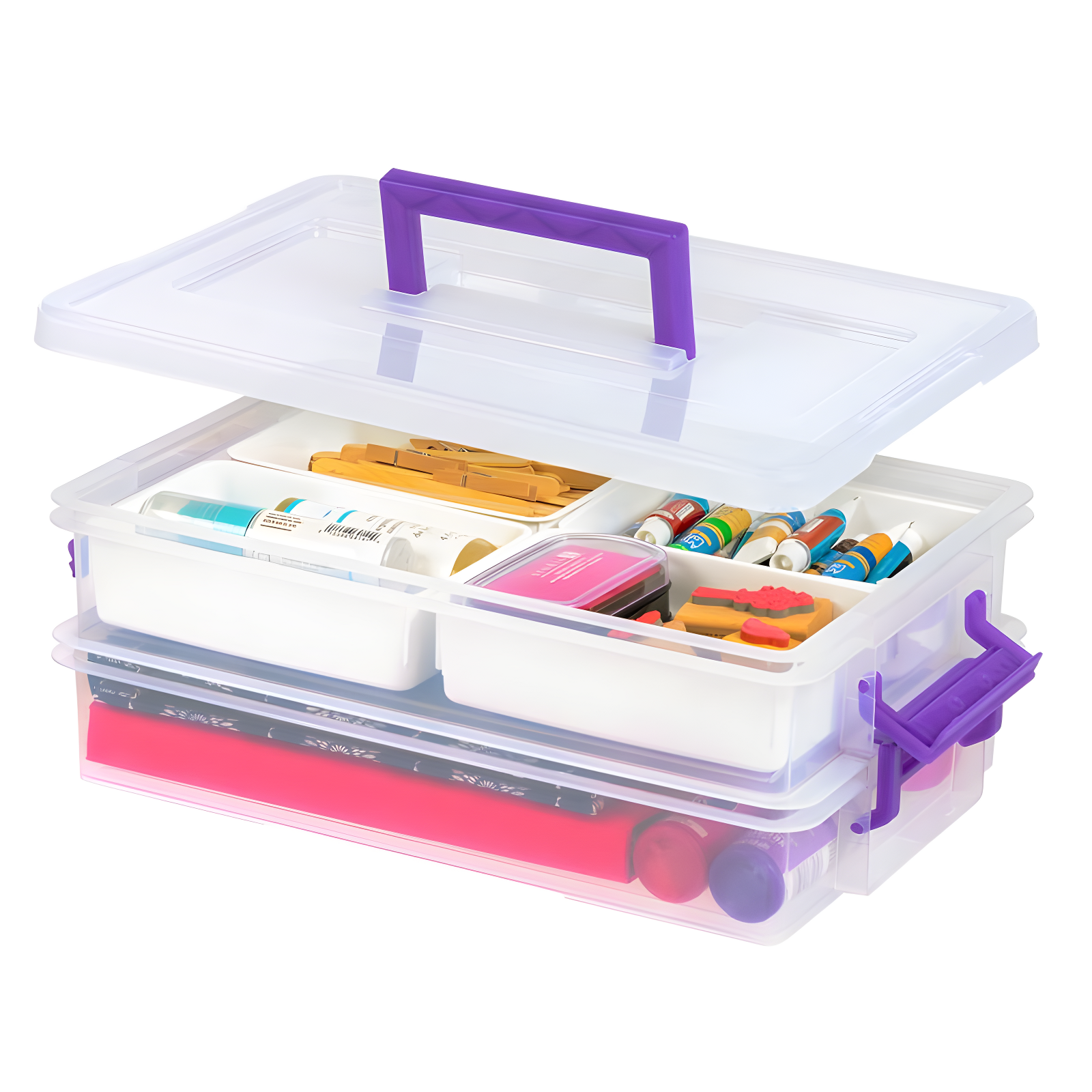 IRIS USA 9.4 Qt 2 Layer Stack and Carry Storage Containers with Bulked-Up Lid and 4 Removable Dividers, Clear/Violet