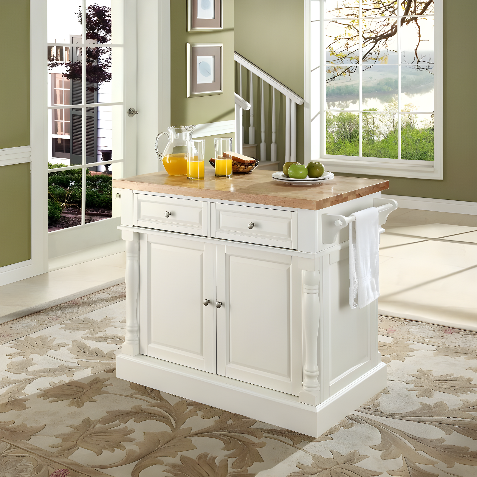 Crosley Butcher Block Top Kitchen Island - White: Hardwood Frame, Towel Bar, 4 Shelves, 2 Drawers