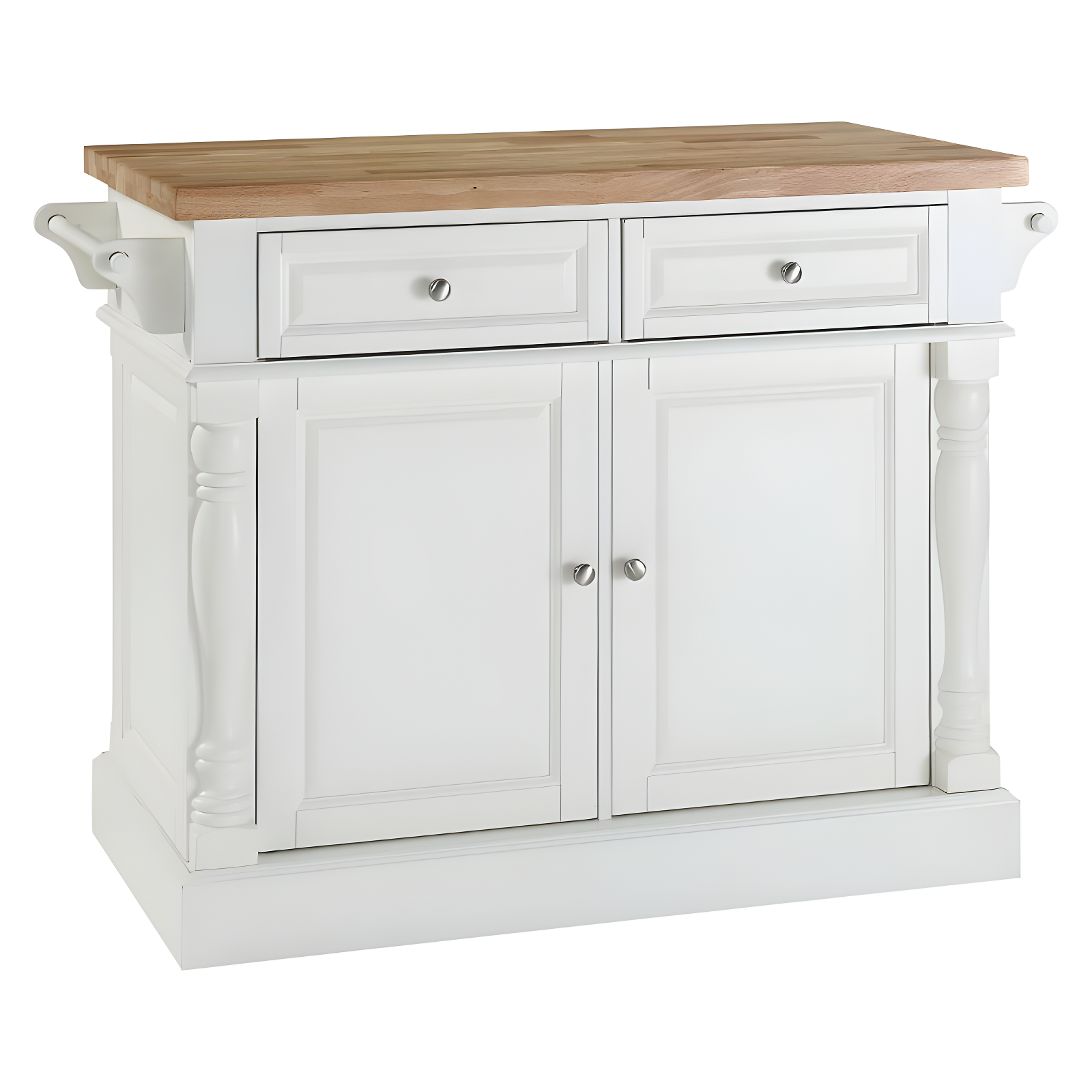 Crosley Butcher Block Top Kitchen Island - White: Hardwood Frame, Towel Bar, 4 Shelves, 2 Drawers