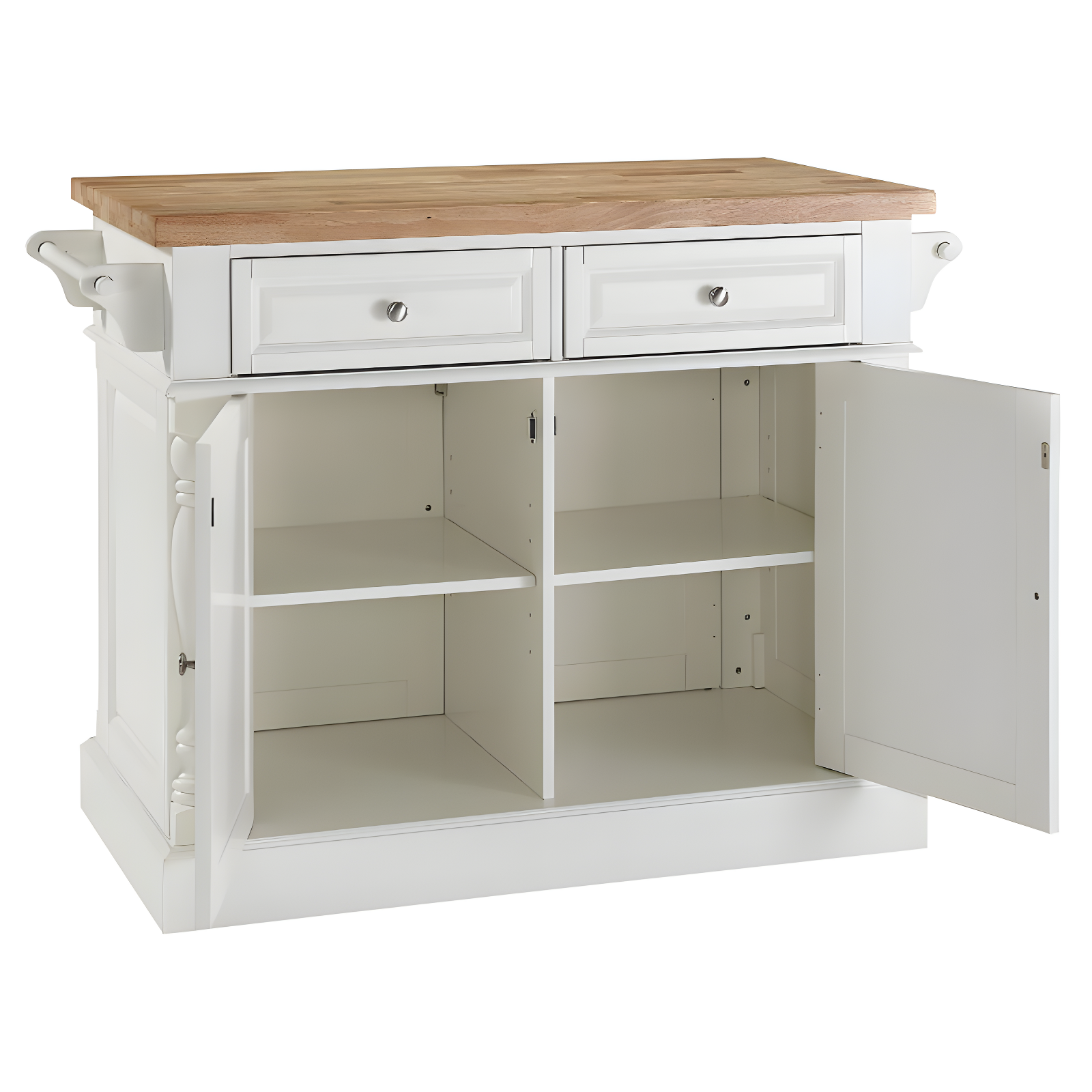 Crosley Butcher Block Top Kitchen Island - White: Hardwood Frame, Towel Bar, 4 Shelves, 2 Drawers