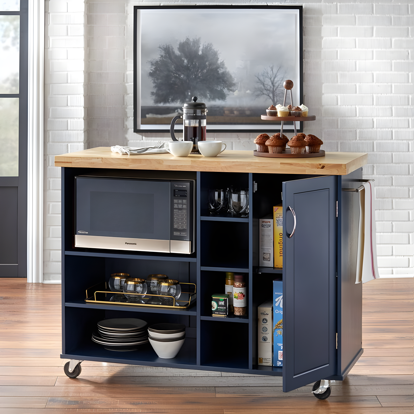 Galvin Microwave Cart Navy - Buylateral: Rubberwood Kitchen Island with Towel Bar & Universal Storage