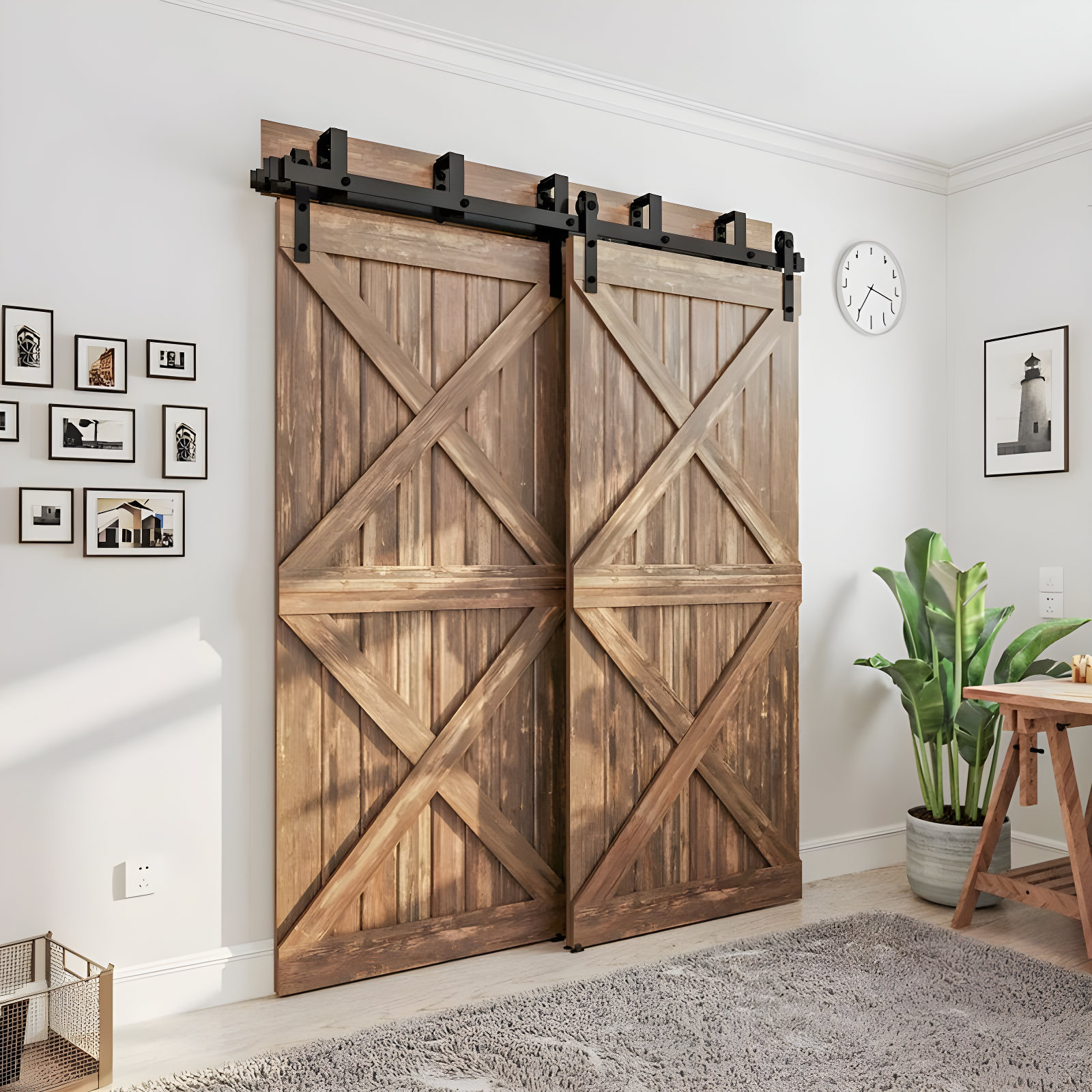 LAZ Sliding Double Bypass Double Door Barn Door Hardware Kit