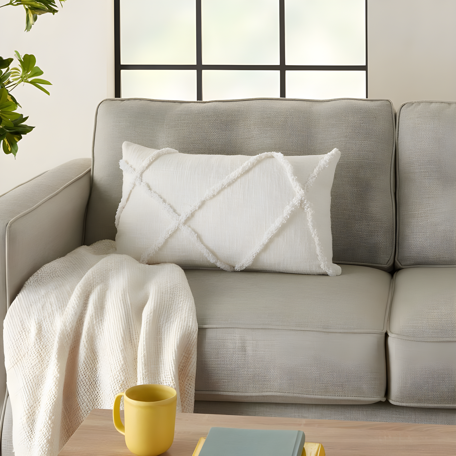 14"x24" Oversized Distressed Diamond Lumbar Throw Pillow White - Mina Victory: Cotton Fabric, Indoor Use, Zippered