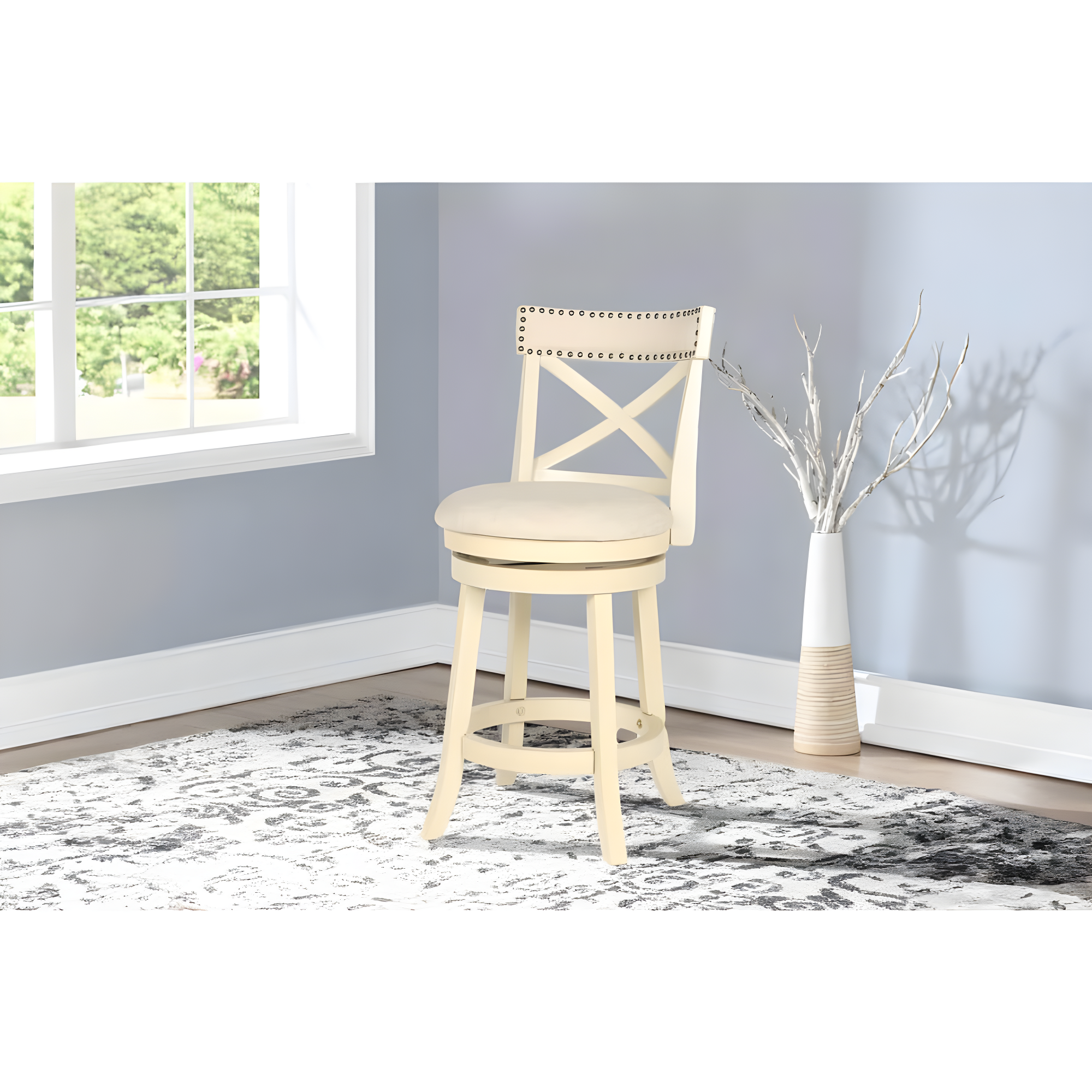 New Classic Furniture York 24" Wood Counter Stool with Fabric Seat in Ant White
