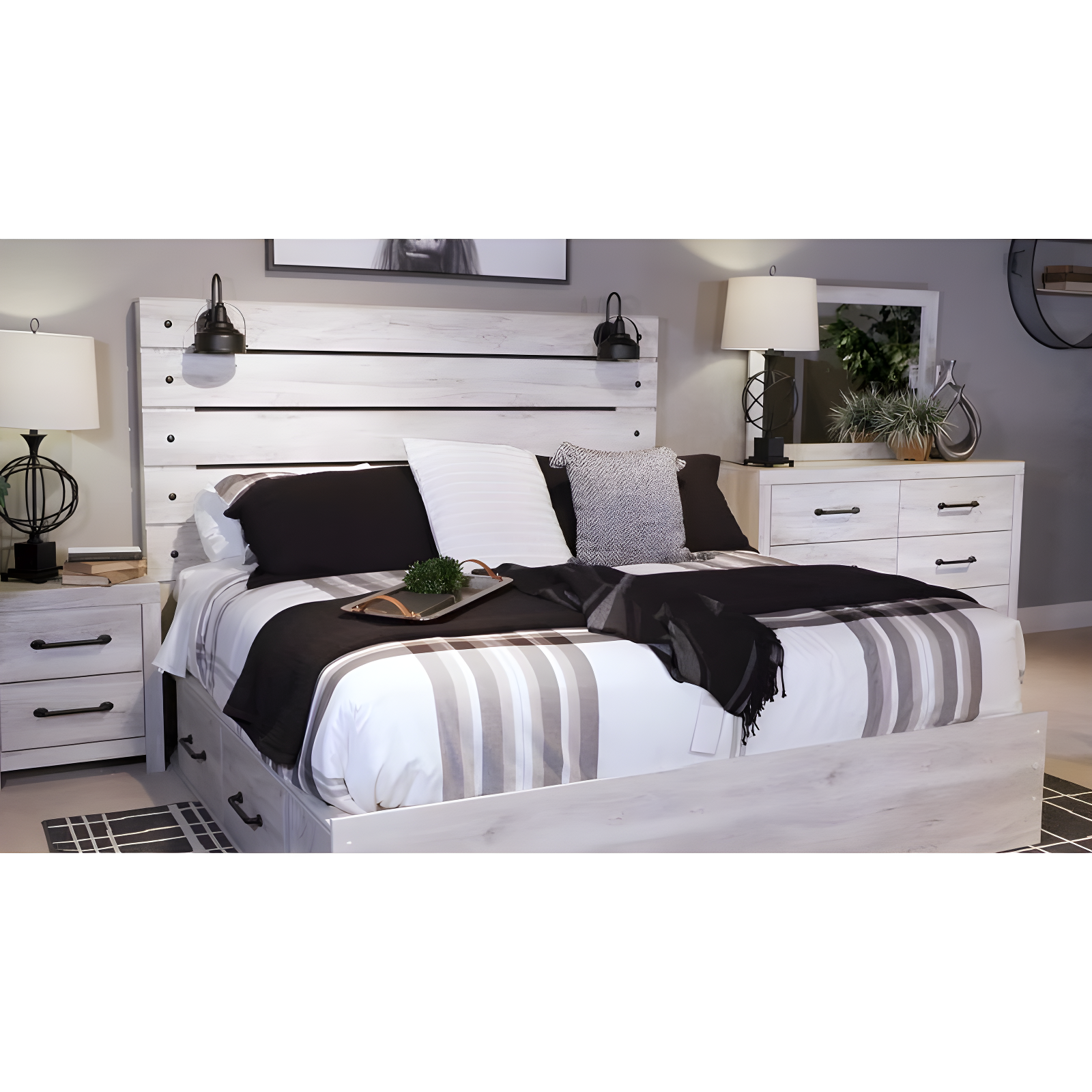 Signature Design by Ashley King Cambeck Panel Headboard White: Traditional Style, Laminated Finish, USB Port