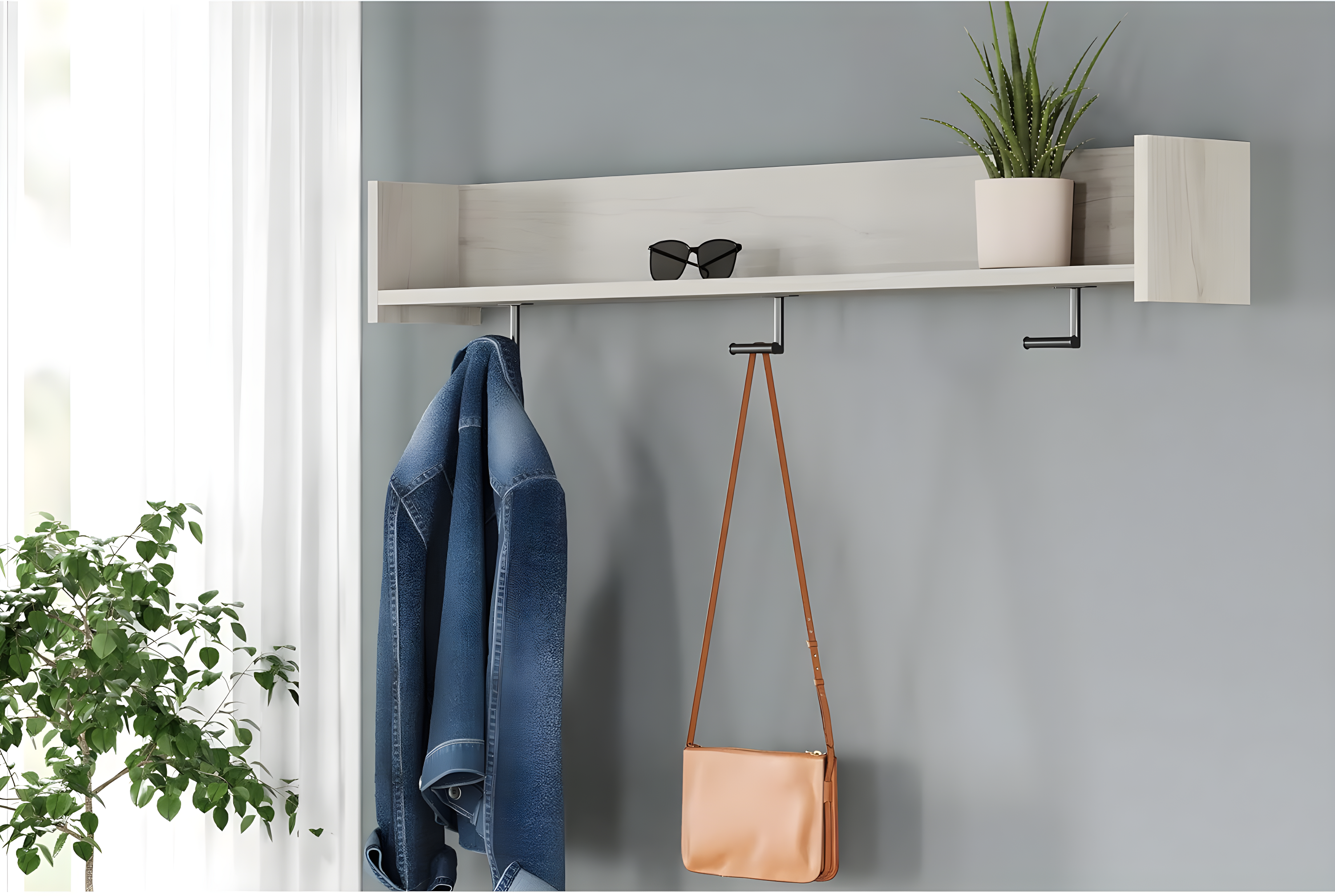 Transitional Black and White Wall Mounted Coat Rack with Shelf