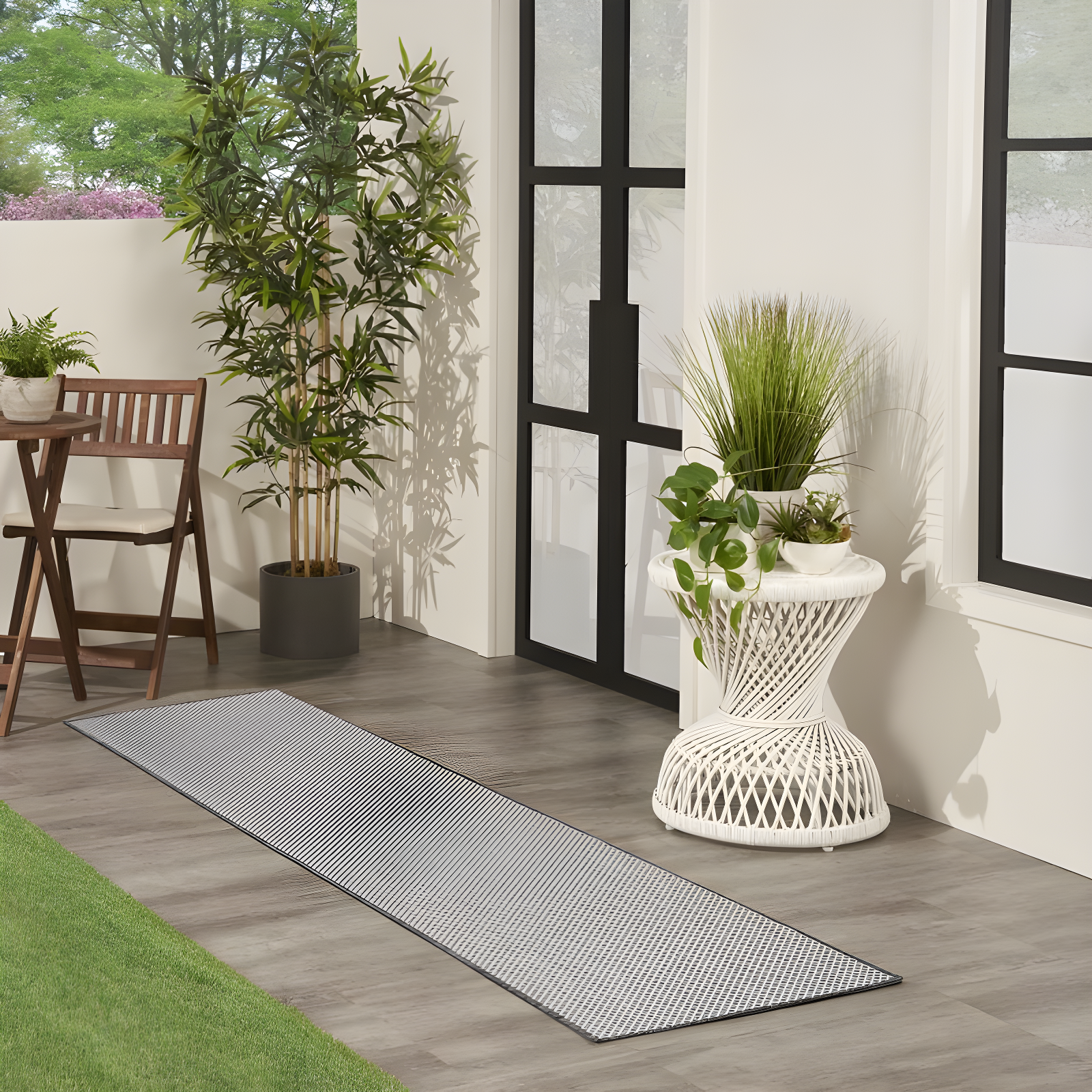 Nourison 2'2" x 10' Courtyard Modern Easy Care Flatweave Indoor Outdoor Runner Rug Ivory/Charcoal