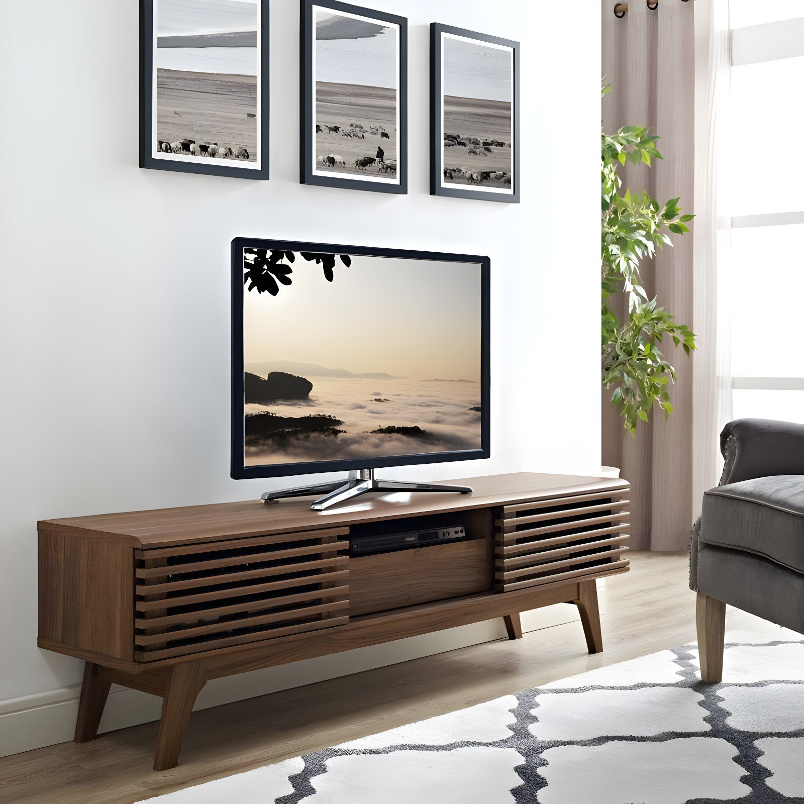 Render TV Stand for TVs up to 59" Walnut - Modway: Mid-Century Media Storage, Sliding Doors