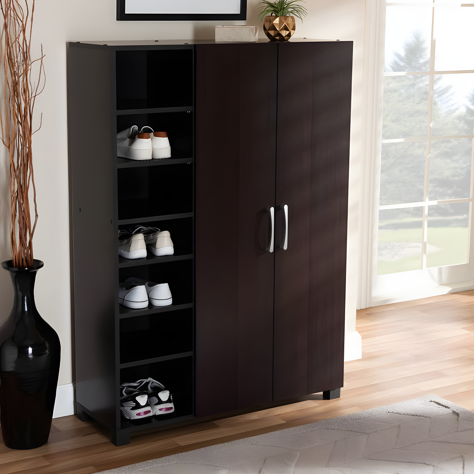 Marine Finished 2 Door Wood Entryway Shoe Storage Cabinet with Open Shelves Brown - Baxton Studio: Organizer for Closet, Wenge Finish