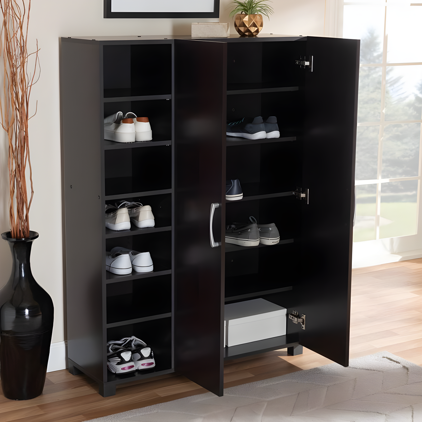 Marine Finished 2 Door Wood Entryway Shoe Storage Cabinet with Open Shelves Brown - Baxton Studio: Organizer for Closet, Wenge Finish