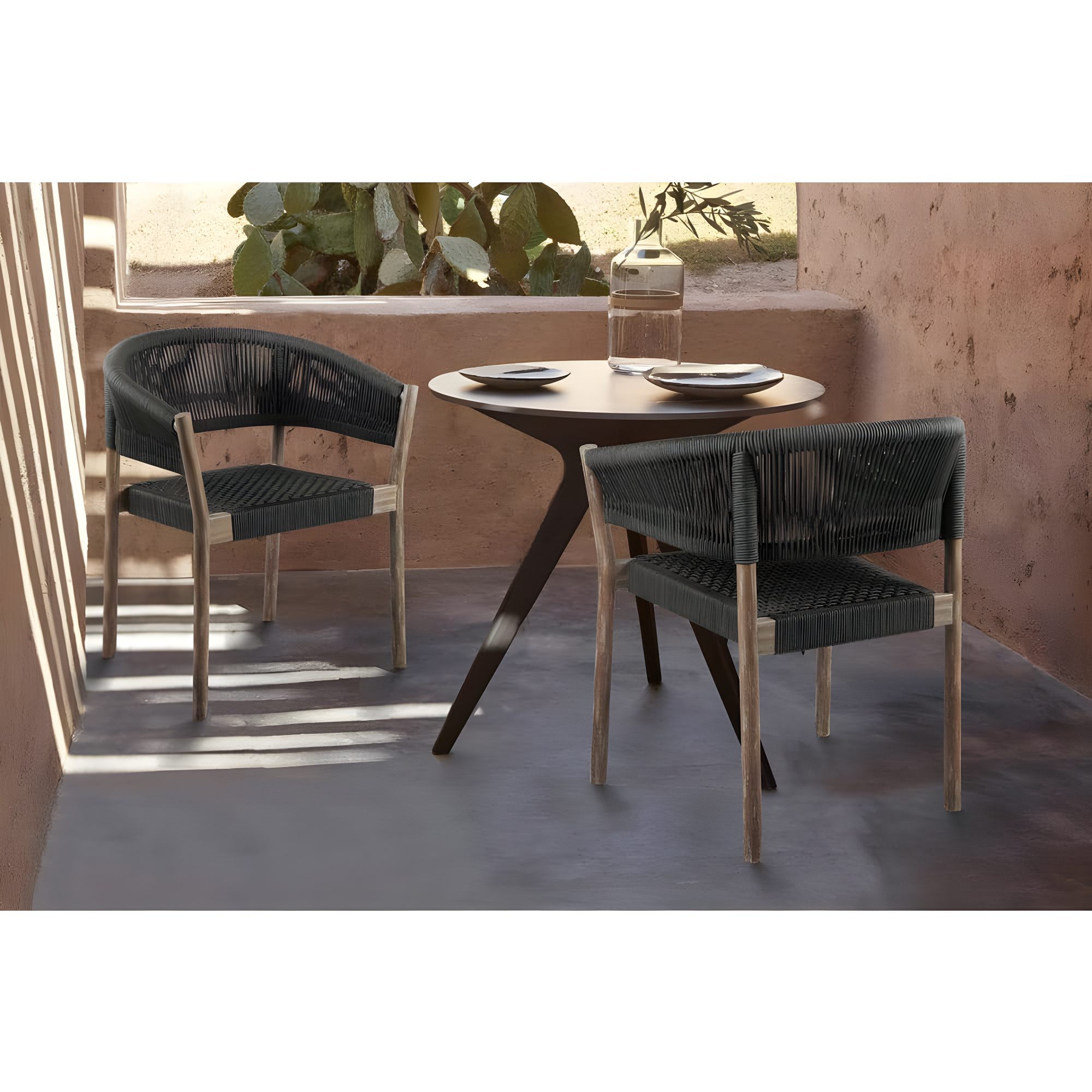 Doris Indoor Outdoor Dining Chair in Light Eucalyptus Wood with Charcoal Rope - Set of 2