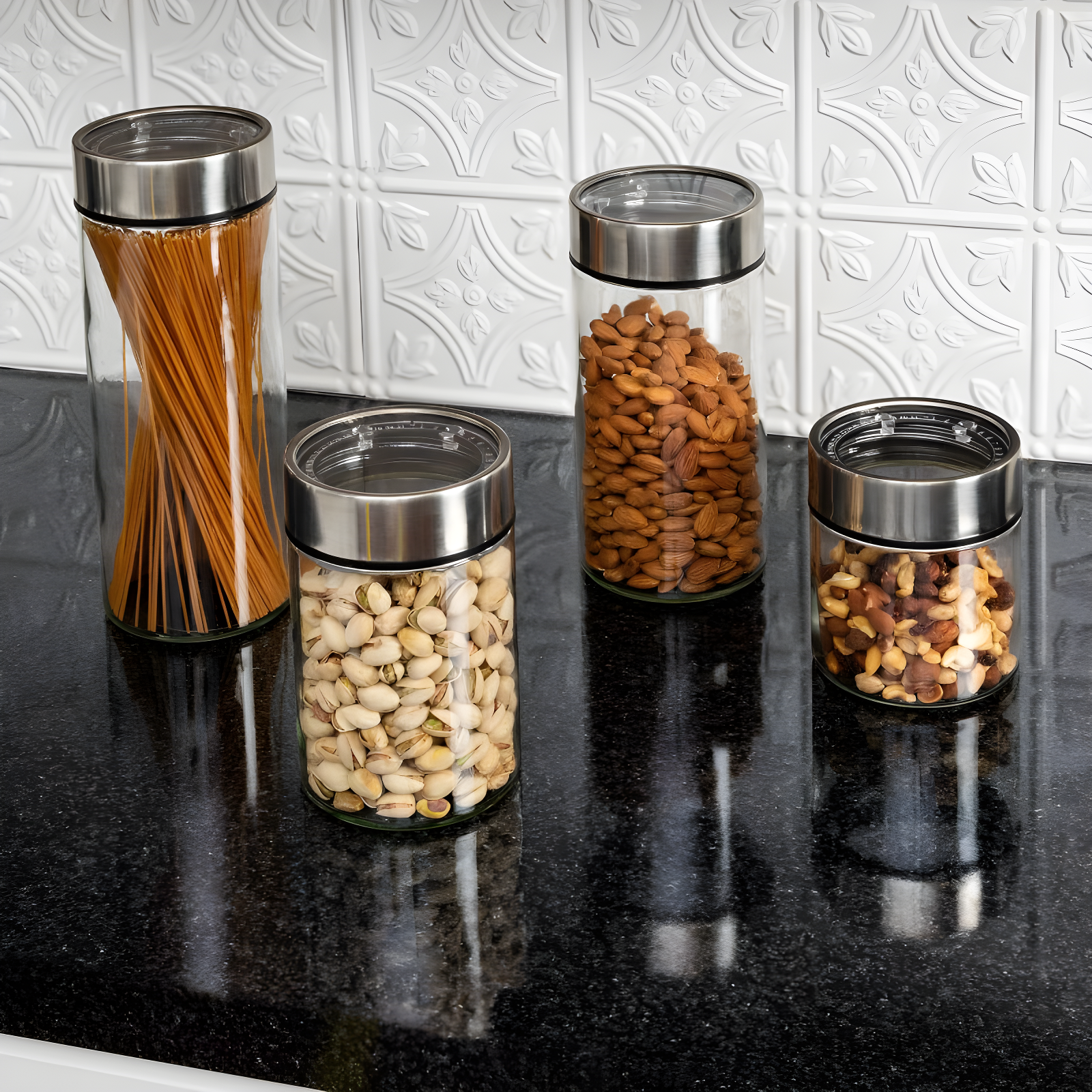Honey-Can-Do 4pc Date Dial Jar Set: Glass Kitchen Storage Jars with Stainless Steel Lids, Clear, Food Container Set