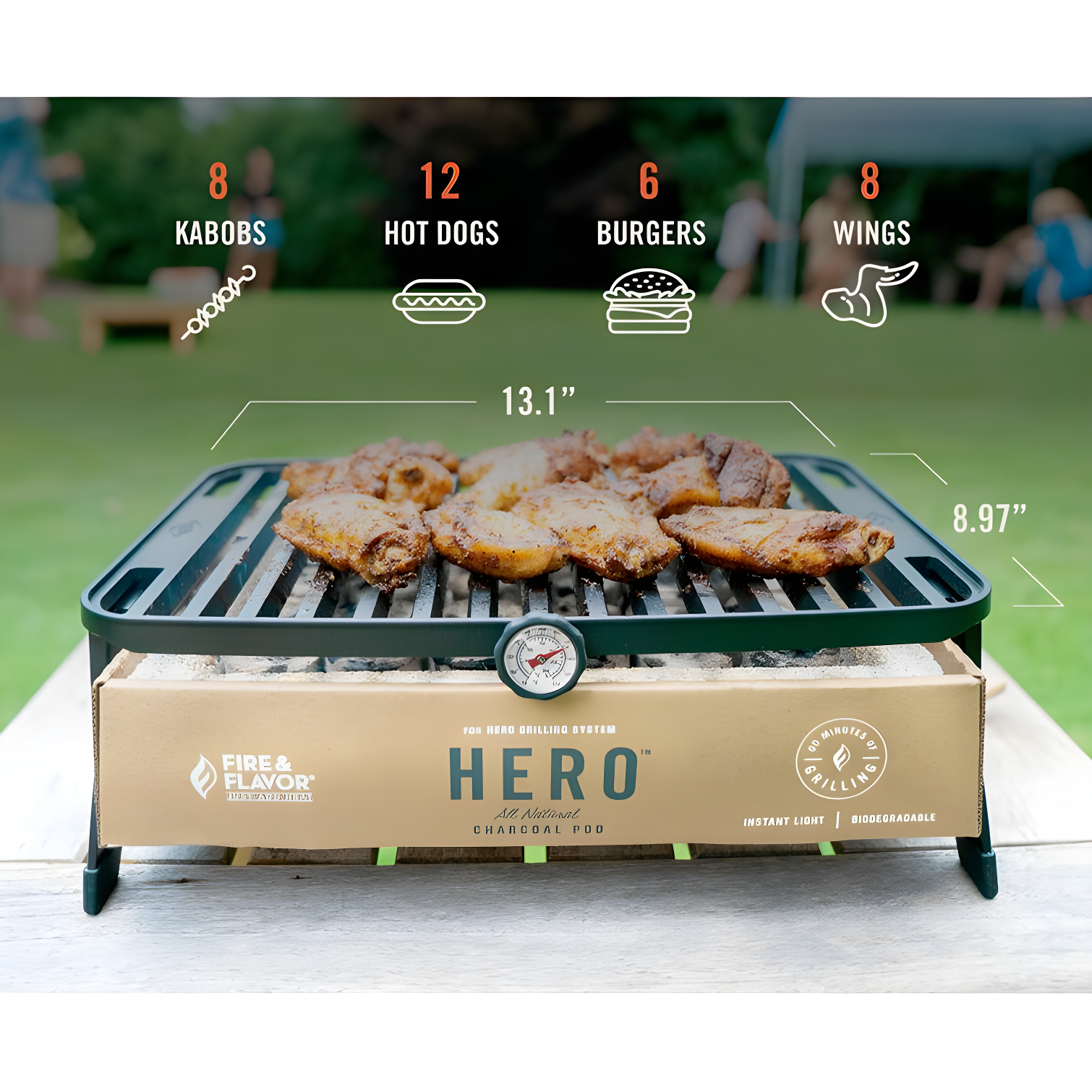 Fire & Flavor HERO Grill Kit Ultra-Portable Easy Instant Light Charcoal Grilling for Tailgating