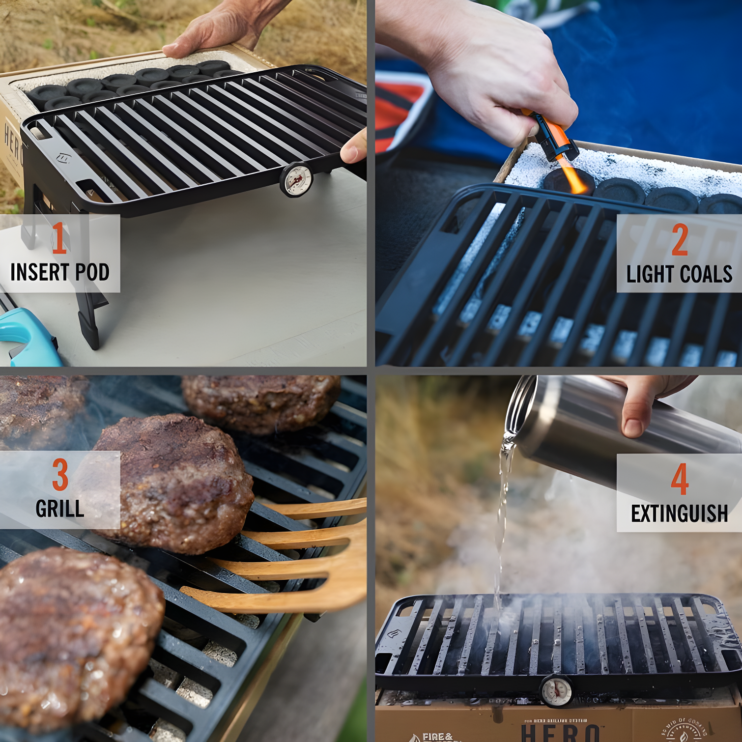 Fire & Flavor HERO Grill Kit Ultra-Portable Easy Instant Light Charcoal Grilling for Tailgating