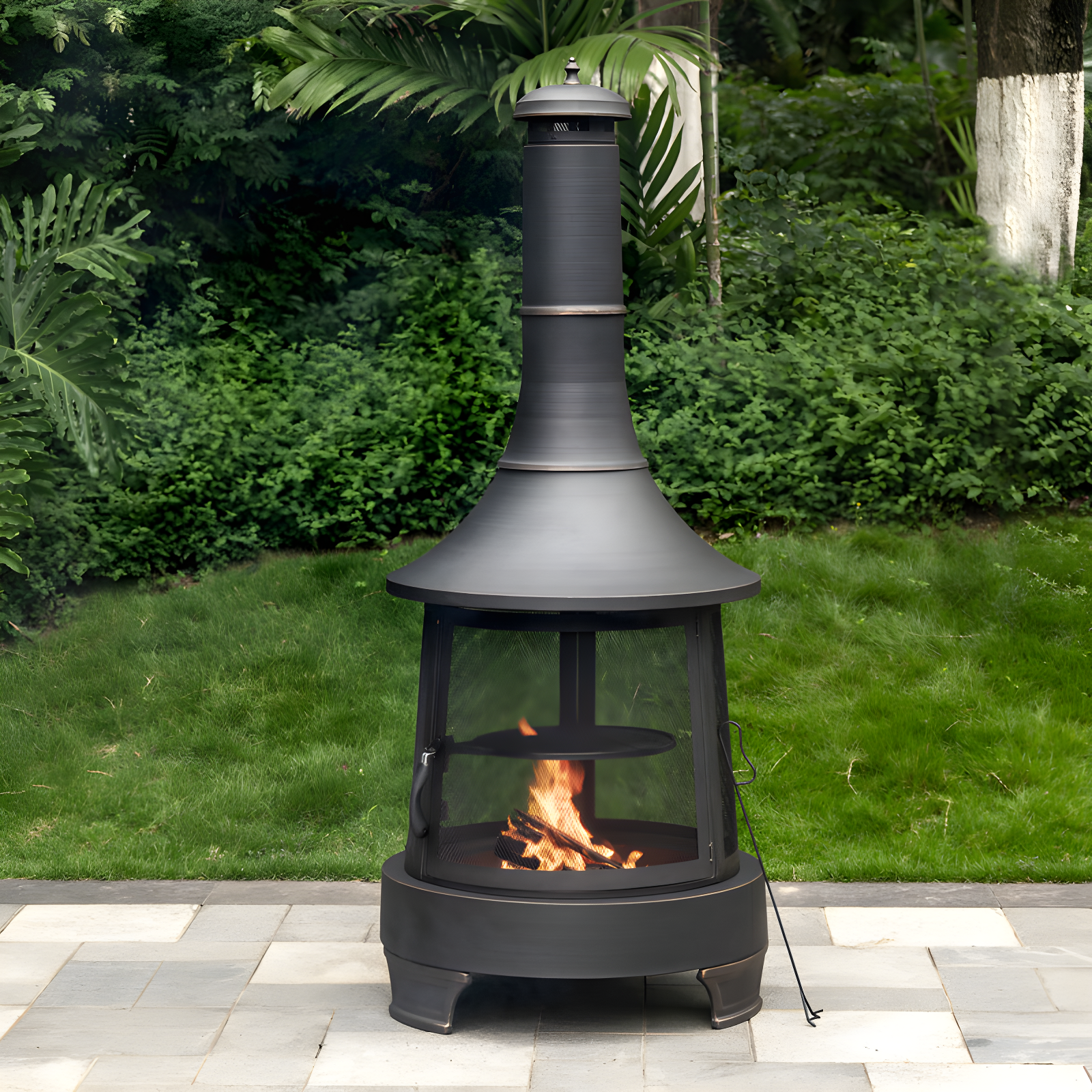 Deko Living Deko Living 30 Inch Diameter Outdoor Steel Wood Burning Chimney Firepit with Cast Iron Cooking Grill and Poker