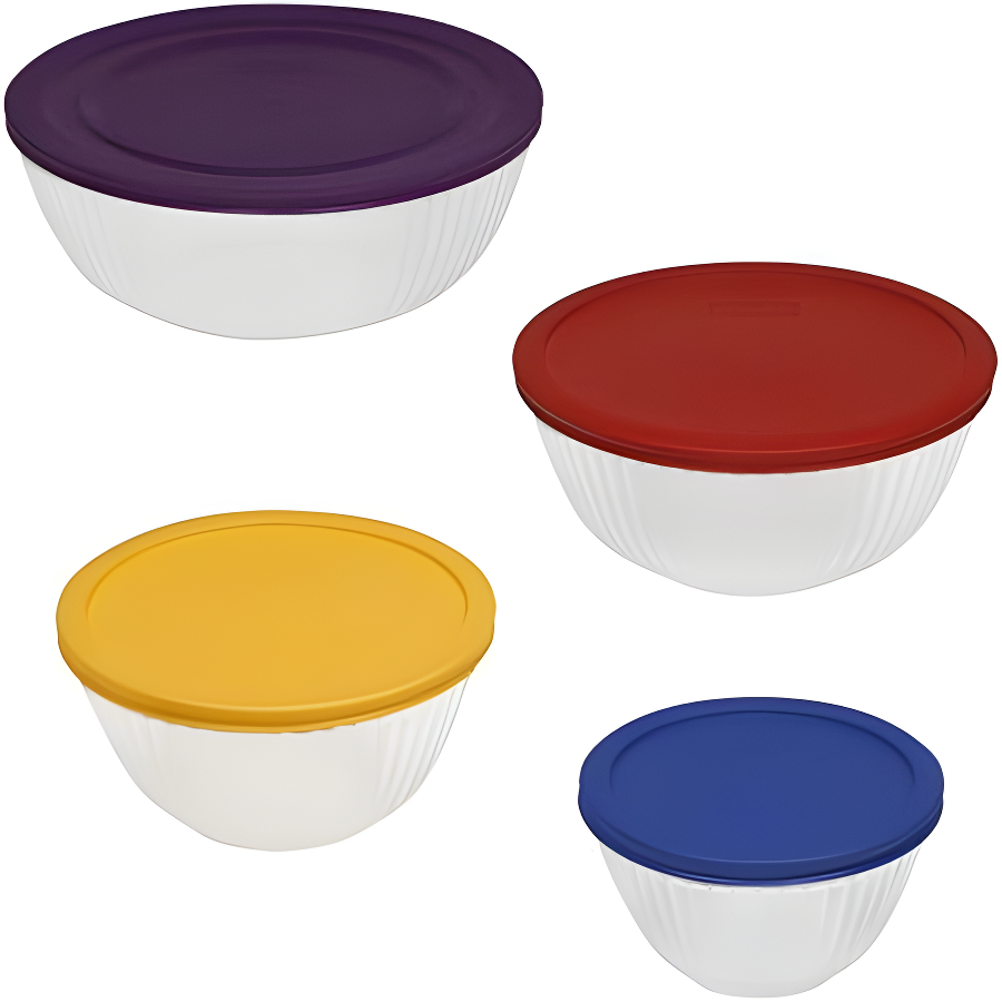 Ribbed Glass Mixing Bowl Set with Assorted Color Lids, 4-Piece