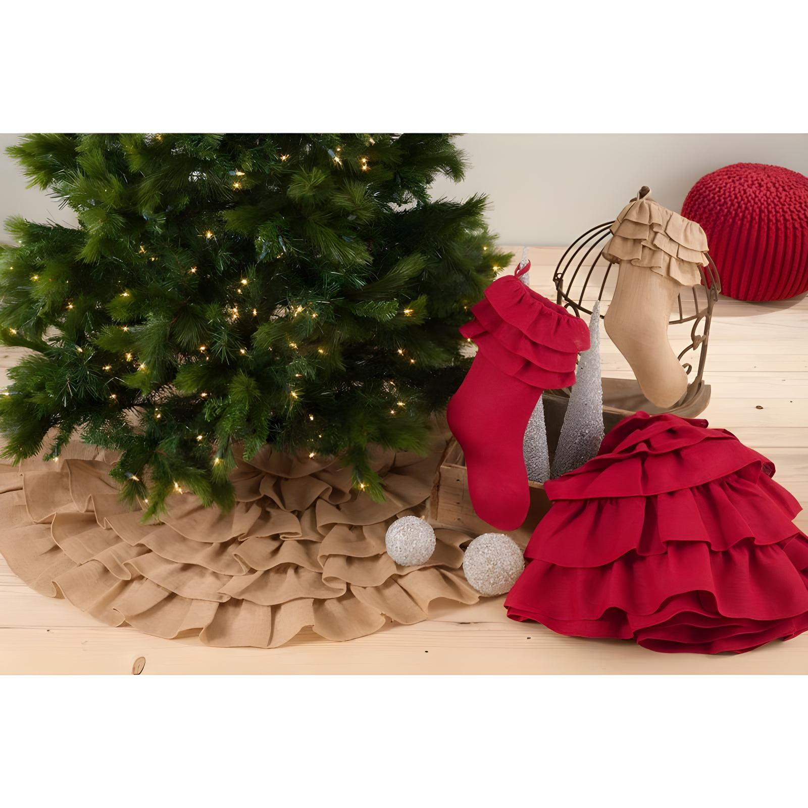 Saro Lifestyle Christmas Tree Skirt With Ruffled Edge, Natural, 56" Round