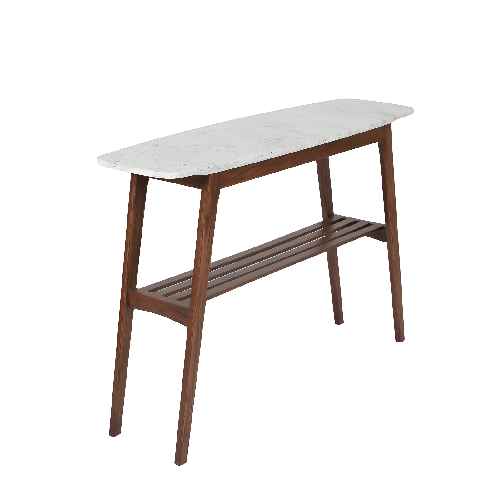 The Bianco Collection Castello 43" Rectangular Italian Carrara White Marble Console Table with Walnut Shelf