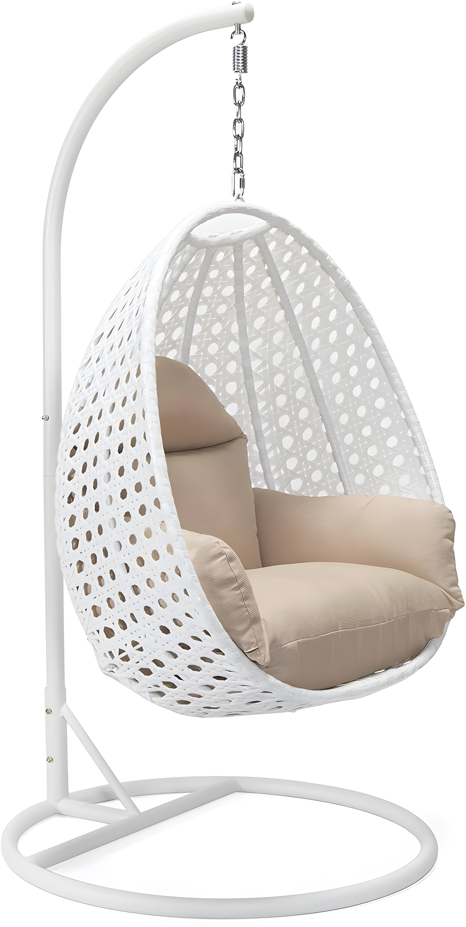 LeisureMod White Wicker Indoor Outdoor Bedroom Patio Hanging Egg Swing Chair with Stand and Cushion Beige