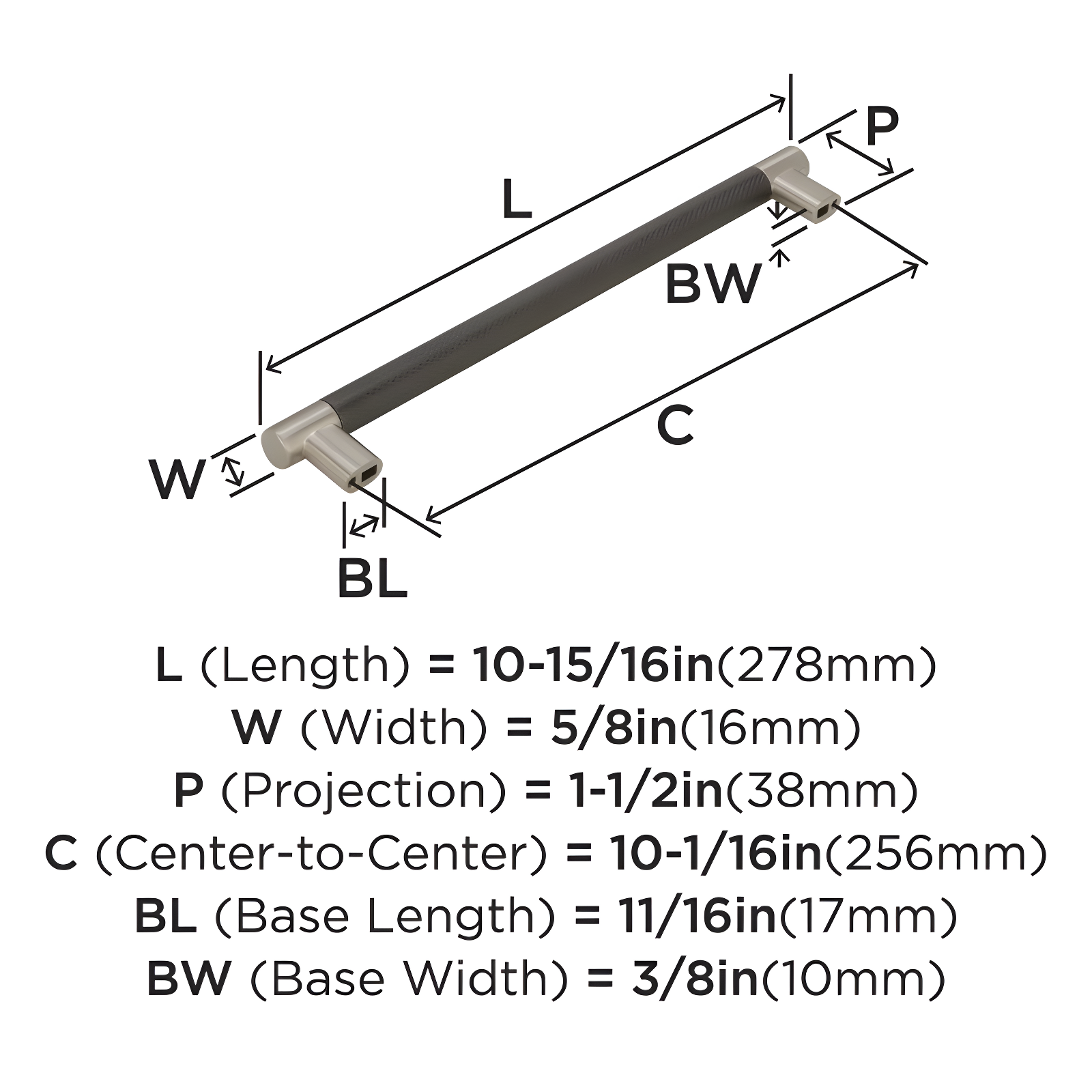 Amerock Esquire 10-1/16 inch (256mm) Center-to-Center Satin Nickel/Oil-Rubbed Bronze Cabinet Pull