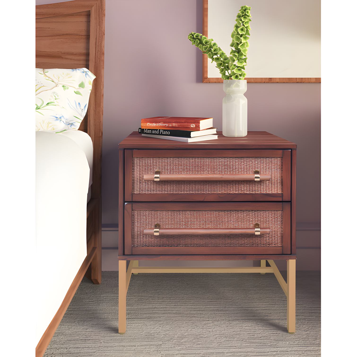 Hopper Studio Hopper Studio Sophia Solid Wood 2-Drawer Rattan Nightstand, Stylish Storage For Modern Homes