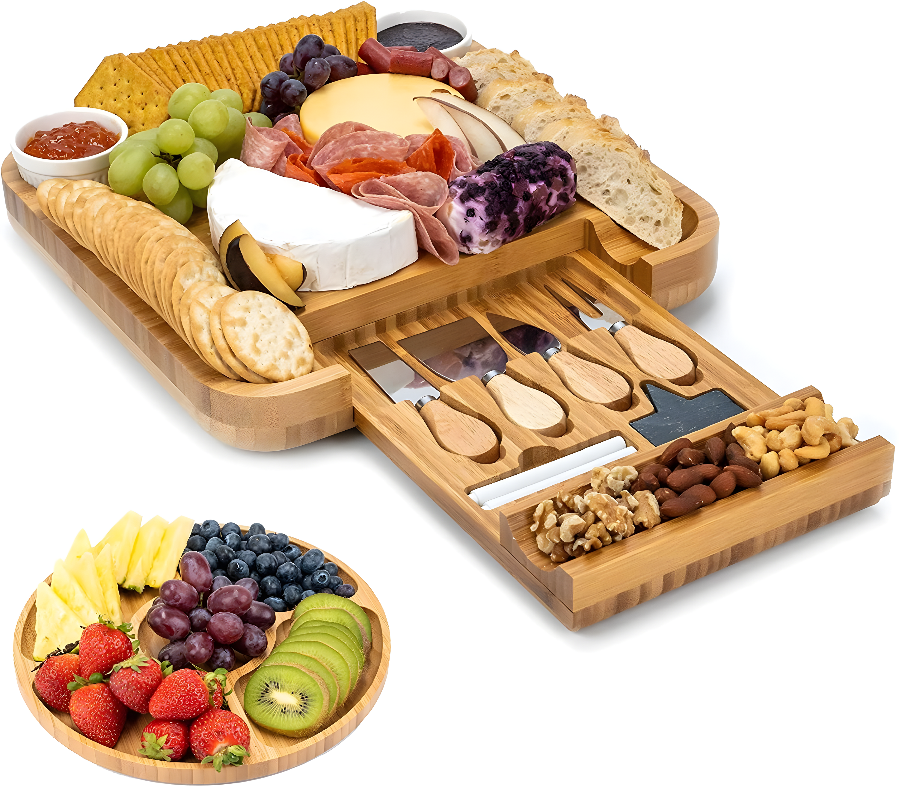 SMIRLY Charcuterie Board Set Large Bamboo Cheese Board with Fruit Tray & 2 Ceramic Bowls