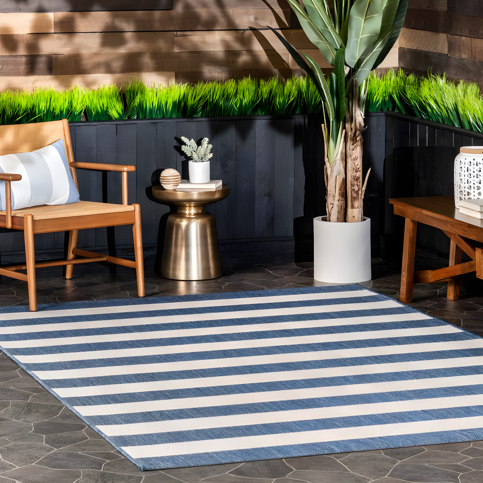 Nuloom Alexis Striped 5x8 Indoor/Outdoor Area Rug for Living Room Patio Deck Front Porch Kitchen, Blue/Ivory