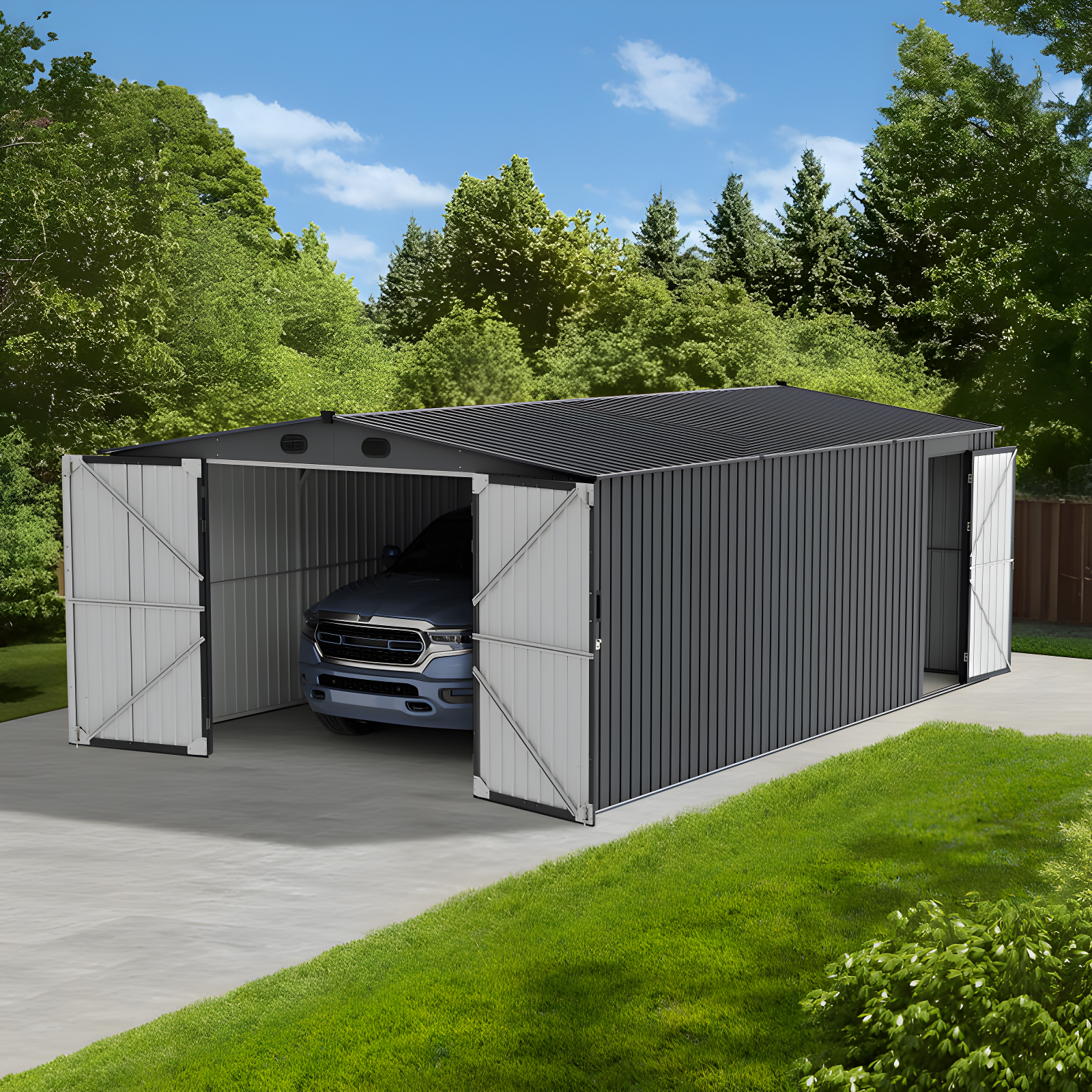 Sunjoy Sunjoy Outdoor Storage Shed 13 x 20 ft. Carport, Patio Metal Utility Large Storage Shed Garage with 2 Doors and 4 Vents, for Car, Truck, Bike, Garbage Can, Tool, Lawnmower