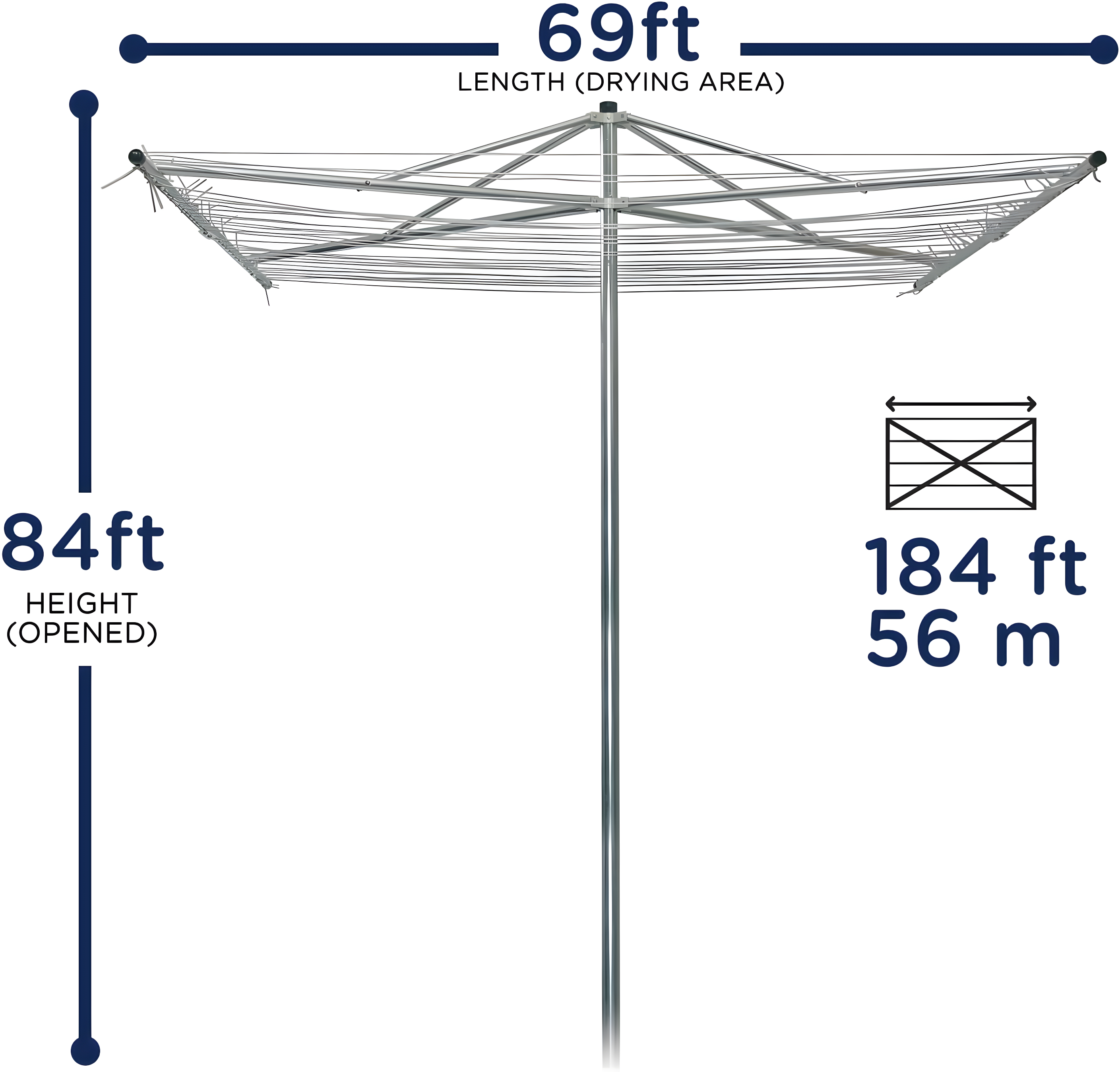 184 FT Umbrella Clothesline Outdoor - Clothes Line Outdoors Heavy Duty Parallel Silver Aluminum Frame with Ground Spike & Socket - Clotheslines for Outside Laundry Drying, Washing Line