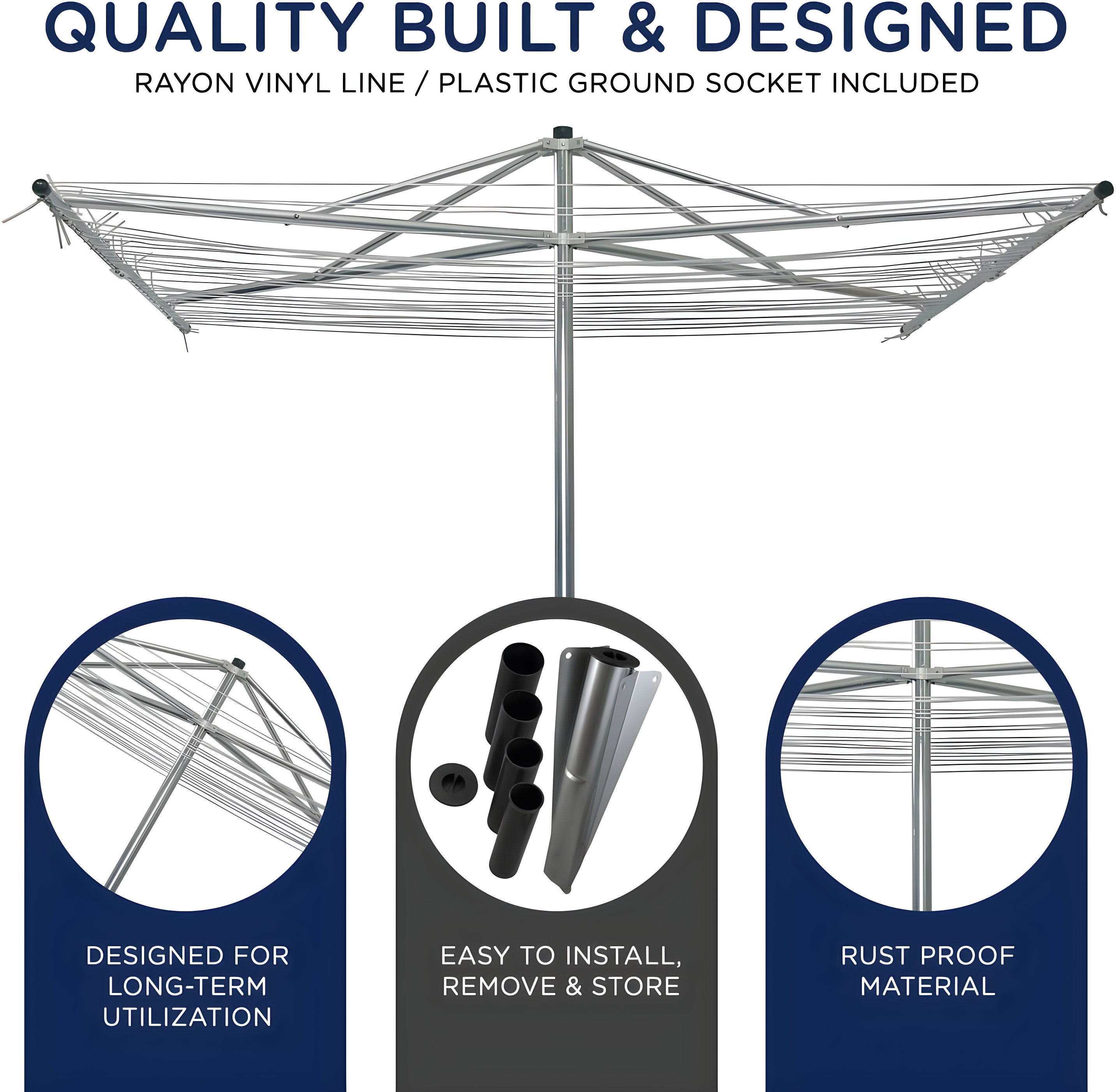 184 FT Umbrella Clothesline Outdoor - Clothes Line Outdoors Heavy Duty Parallel Silver Aluminum Frame with Ground Spike & Socket - Clotheslines for Outside Laundry Drying, Washing Line